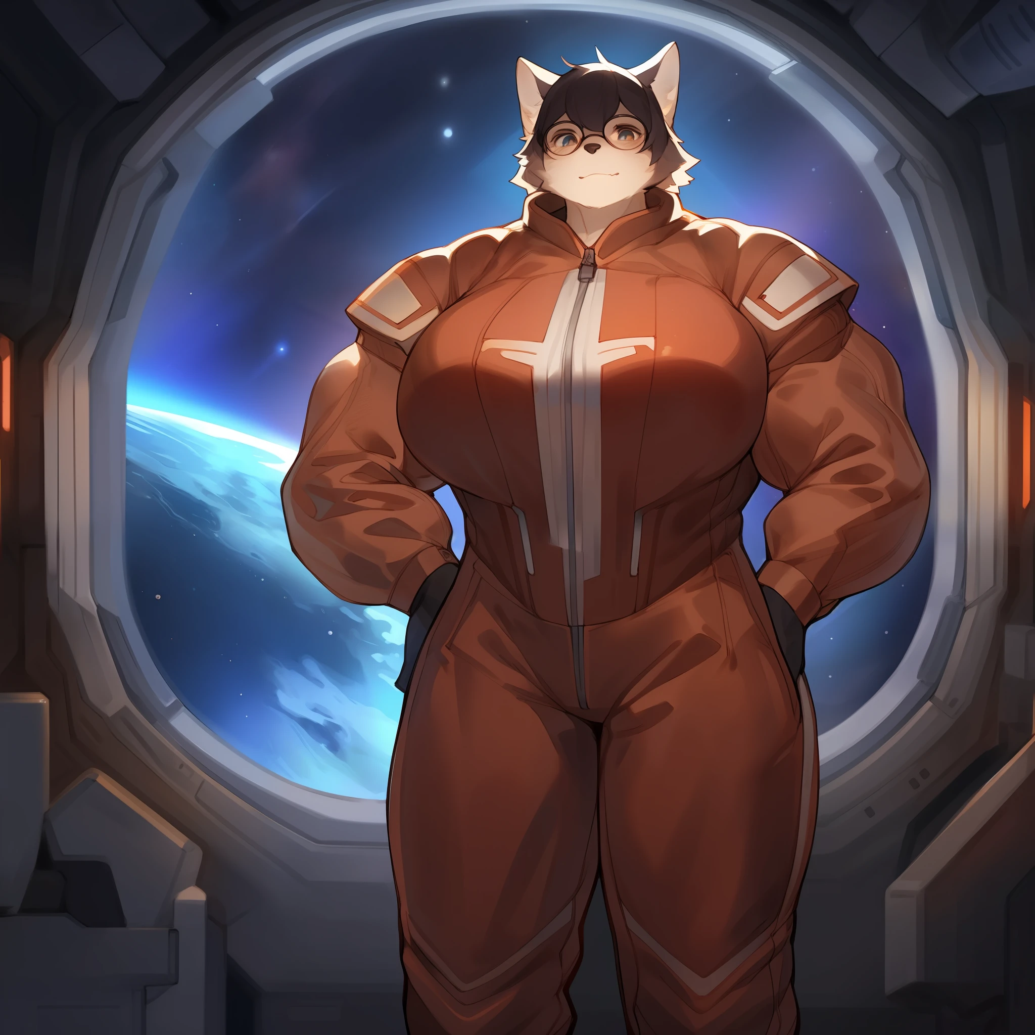 Solo, female, standing, medium hair, glasses, big breasts, muscular, red military spacesuit, canine, space, spaceship, window, by bebebebebe, by spuydjeks, (((muscular))), big, giant, tall, massive, enormous, biceps