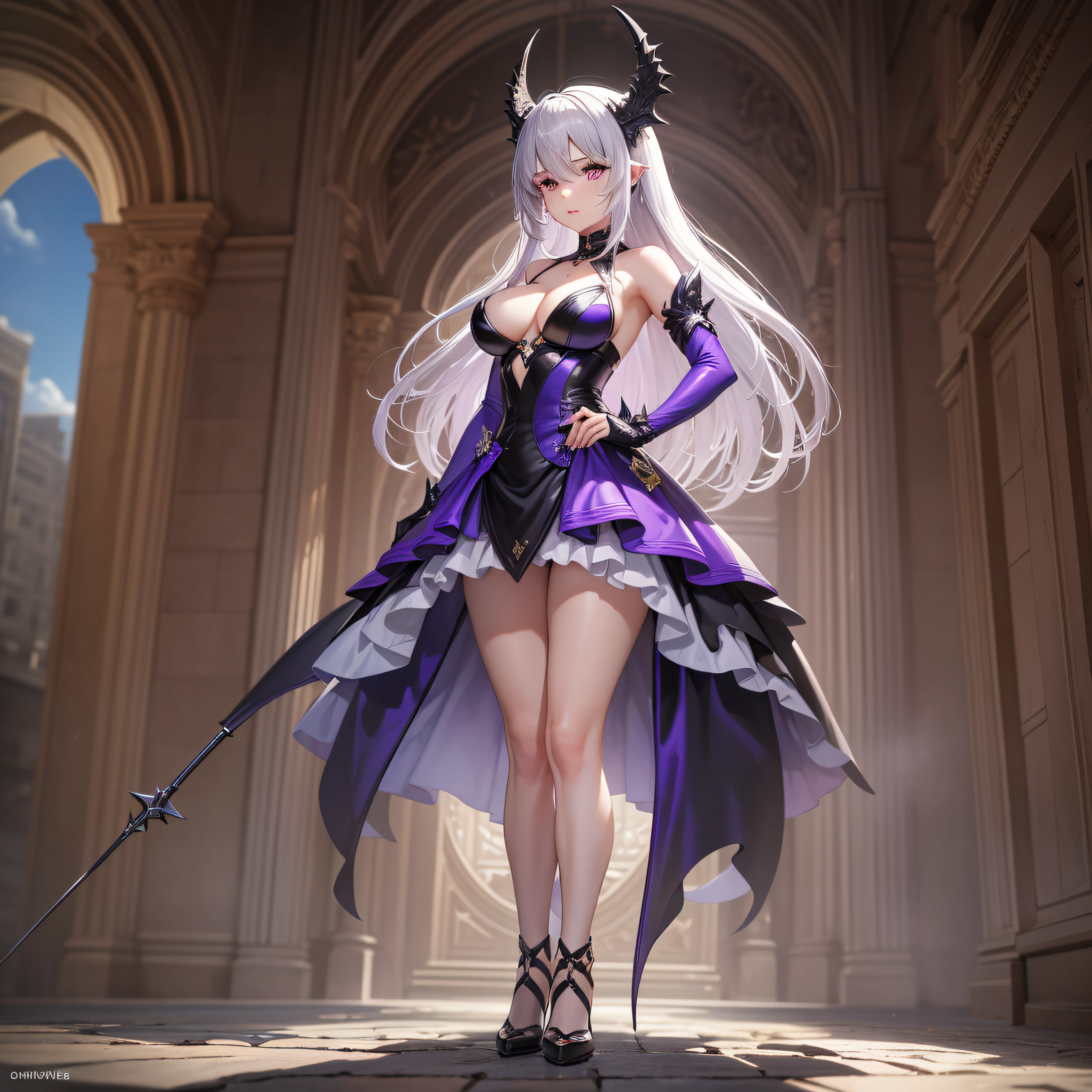 silber hair,( Purple pupils:1.2), The expression is indifferent, Dragon's horn, Single horsetail, silvercleavage dress, wands, White knee-length socks, Crystal heels, outside, Full body like, first person perspective, hyper HD, retinas, Masterpiece, ccurate, Textured skin, Anatomically correct, Super detail, High details, High quality, A high resolution, Best quality, Award-Awarded, 4K，standing on your feet