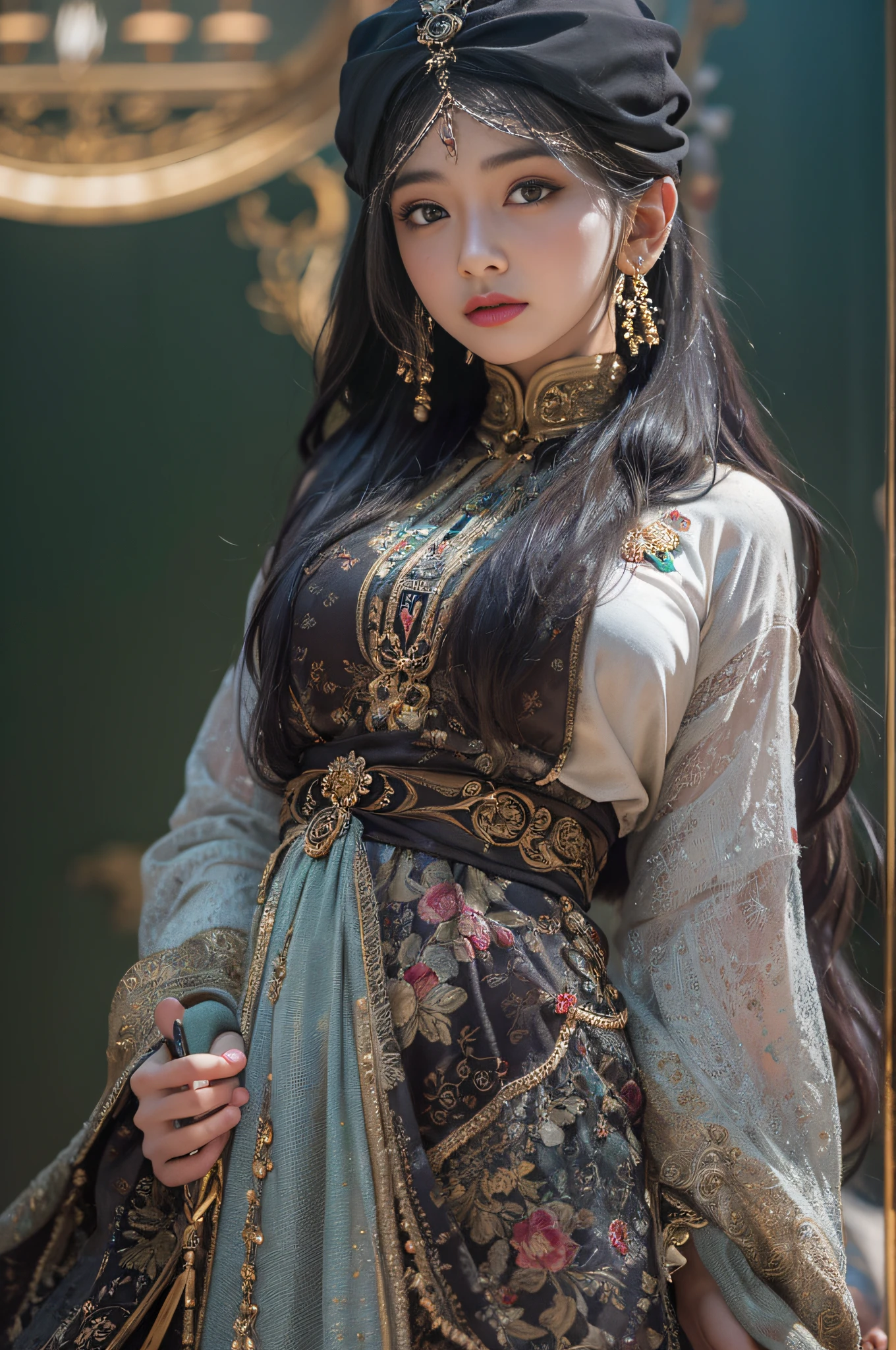 (RAW photo, best quality), (realistic, photo-realistic:1.3),HIJAB DRESS, best quality, highly detailed, masterpiece, ultra-detailed, illustration, 1girl, upper_body, dynamic angle, world masterpiece theater, messy_long_hair, best quality, extremely detailed CG unity 8k wallpaper, ink, Amazing, cinematic lighting, lens_flare, dunhuang_style,