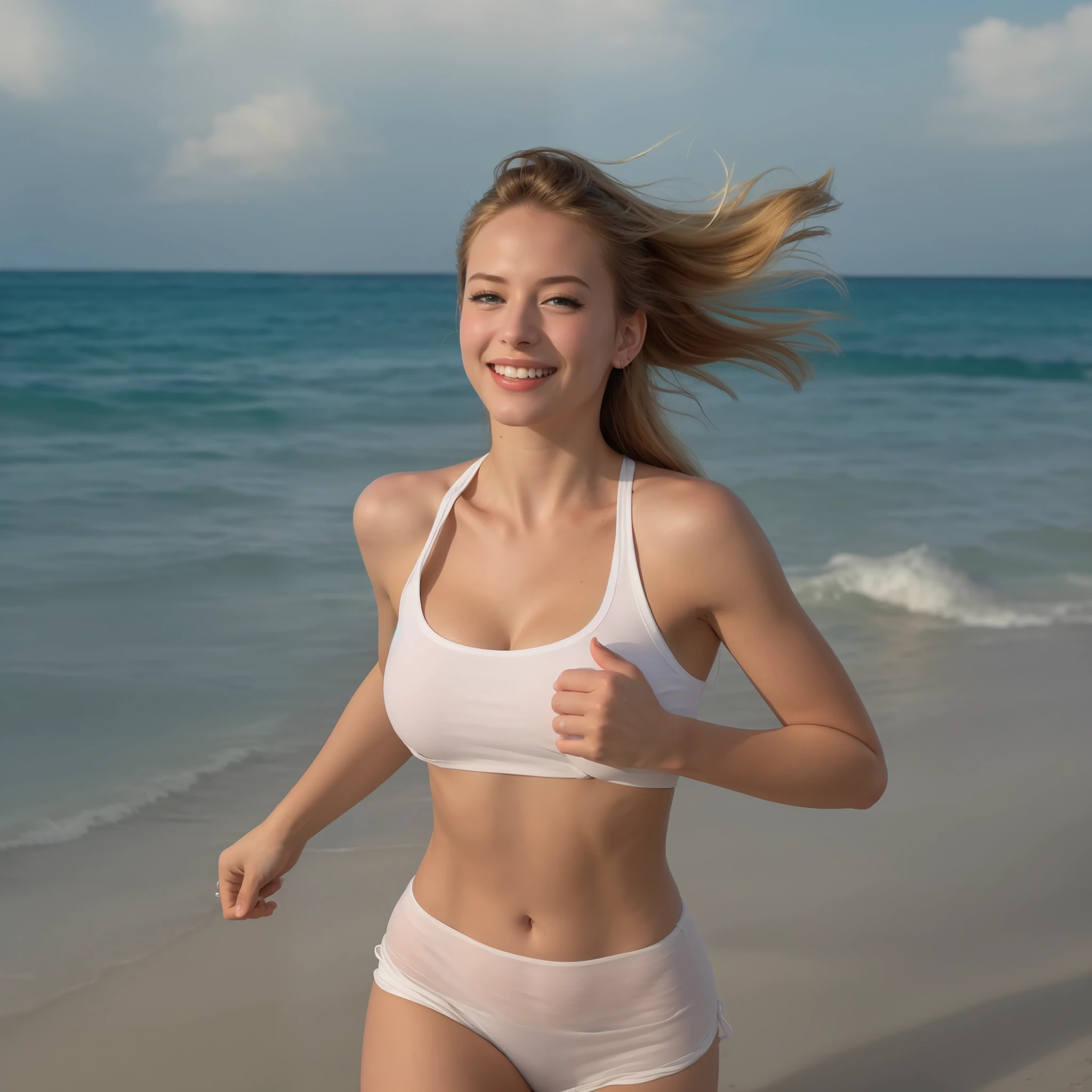best quality, masterpiece, photo realistic, 8k, 4k, extreme res, ultra high res, dynamic lighting, real lighting, sophiadiamond, looking_at_viewer, smile, very happy, long blonde hair, running on the beach