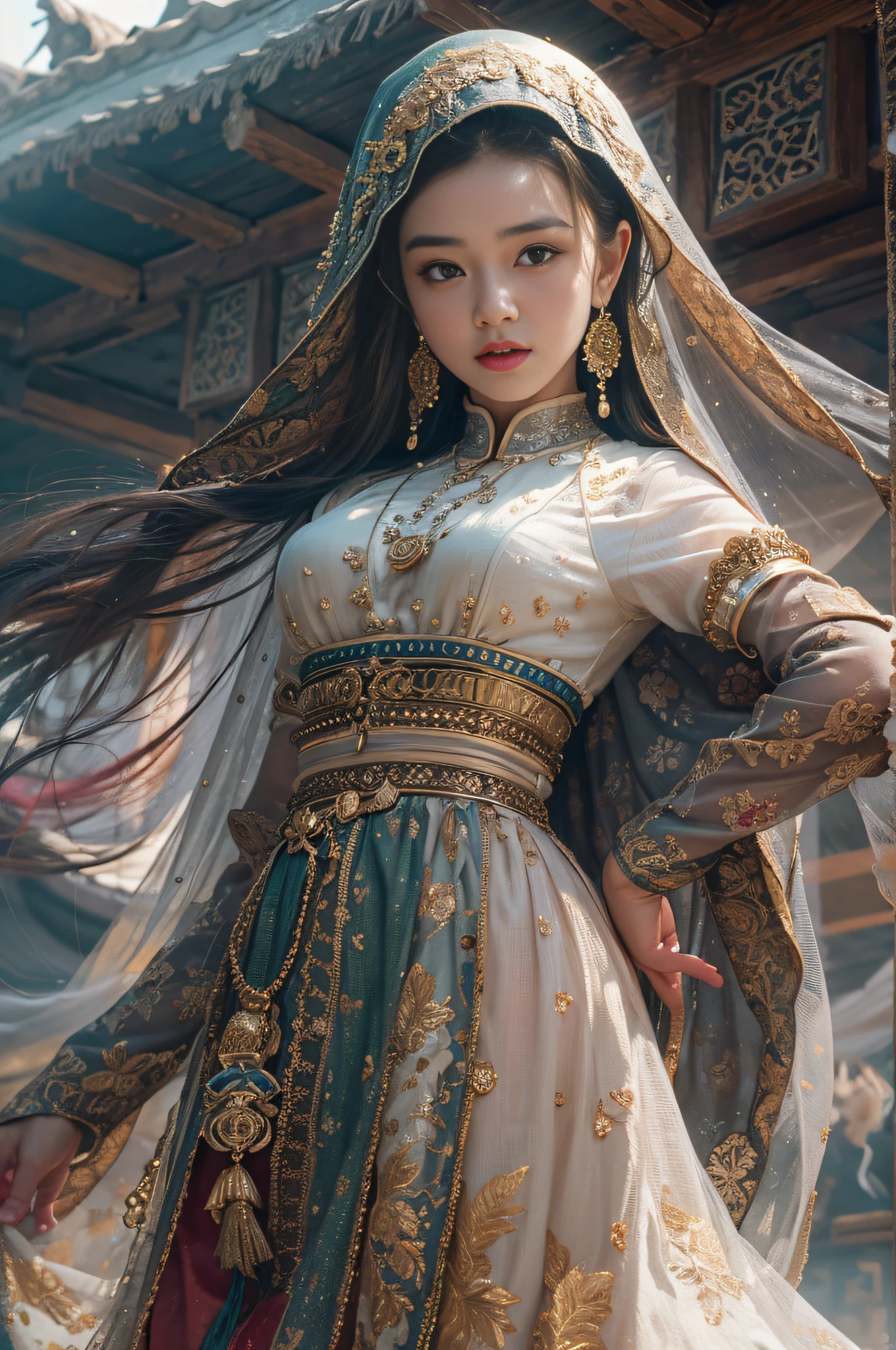 (RAW photo, best quality), (realistic, photo-realistic:1.3),HIJAB DRESS, best quality, highly detailed, masterpiece, ultra-detailed, illustration, 1girl, upper_body, dynamic angle, world masterpiece theater, messy_long_hair, best quality, extremely detailed CG unity 8k wallpaper, ink, Amazing, cinematic lighting, lens_flare, dunhuang_style,