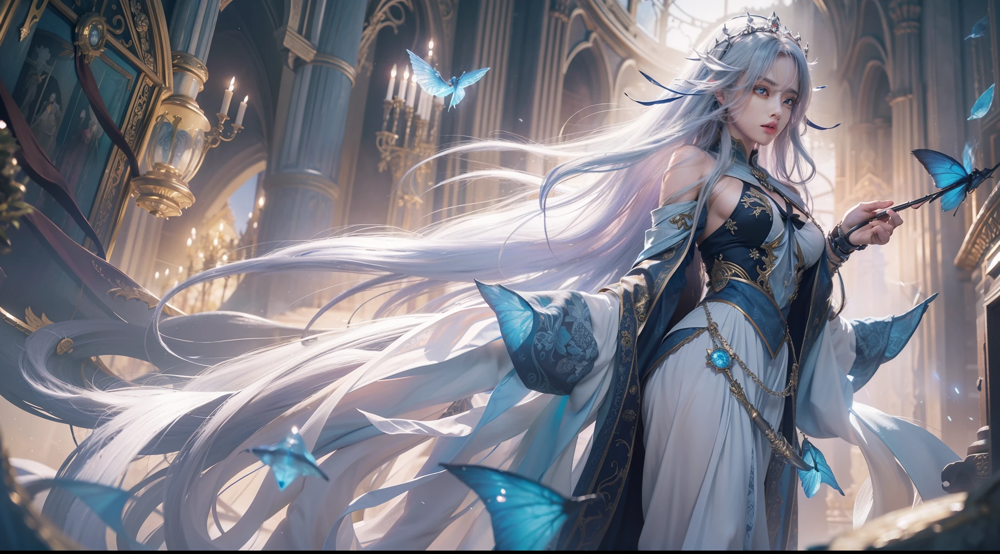 Crystal Castle Sealed in a Book of Magic,Blood,Night, Dark, (Fantasy),infinite,deep blue sky,The abyss of knowledge,Cowledge,((masutepiece)), (((Best Quality))),((Beautiful fine eyes)),(Eye lashes)、Beautiful girl riding a giant white wolf、(1人)、Perfect human body structure、Black hair fluttering in the wind、The long-haired、abyss eyes、glowy skin、oils、small tits、Wizard robes、tattered cloth、Realistic coat、Tee、Super delicate CG Unity 32k wallpaper、masterpiece, ((ultra-detailliert)), ((illustratio)),colourfull,wall-paper,The energy,Unknown terror,Incomprehensible,Around the magic,Magical surroundings,magic wands,Boken,Flying pages,Know everything,Predict the future、Get to know the past、Infinite wisdom、blue flames、Warlock、magic circles、Pentagram、Spells、mantra、Singing magic
