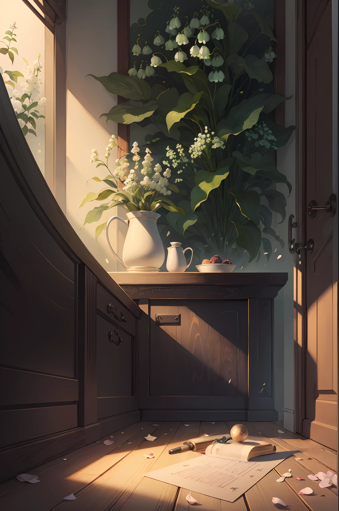 Original,(illustratio:1.1),(best qualtiy),(tmasterpiece:1.1),(the Extremely Detailed CG Unity 8K Wallpapers),(a color:1.2),Lily of the valley bush,Lily of the valley petals,scenecy,rios|Wagas,