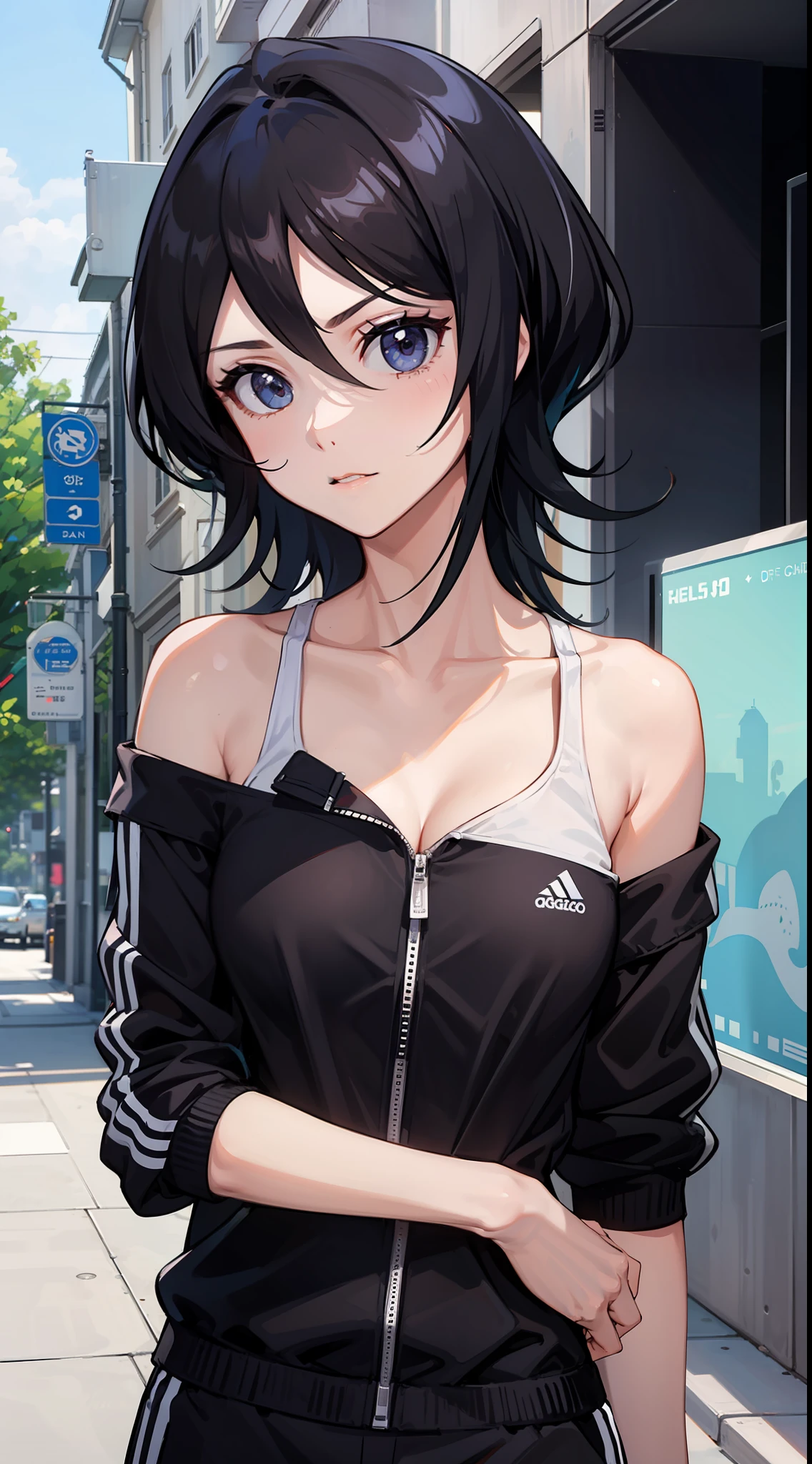 Off-the-shoulder attire，looks into camera，The upper part of the body，Black color hair，cleavage，track suit，sport