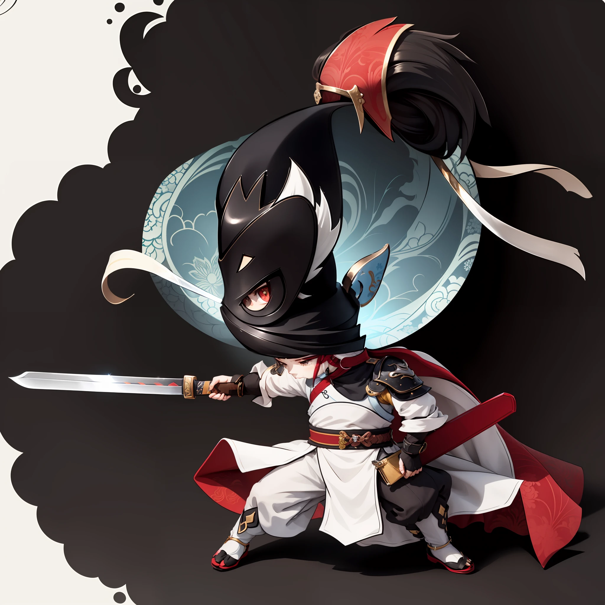 Chibi anime characters,China-style,Chinese shoes,The sword,sword sheath,There is a beautiful pattern on the scabbard,Refinement,Fine painting,Refinement,infinite details,high definition detail,Delicate belt,Belt accessories,Male characters,Blindfolds,sideface,swordsman,dark colored hair,Patterned,Pattern,Blank background,Bright colors,Metal edging