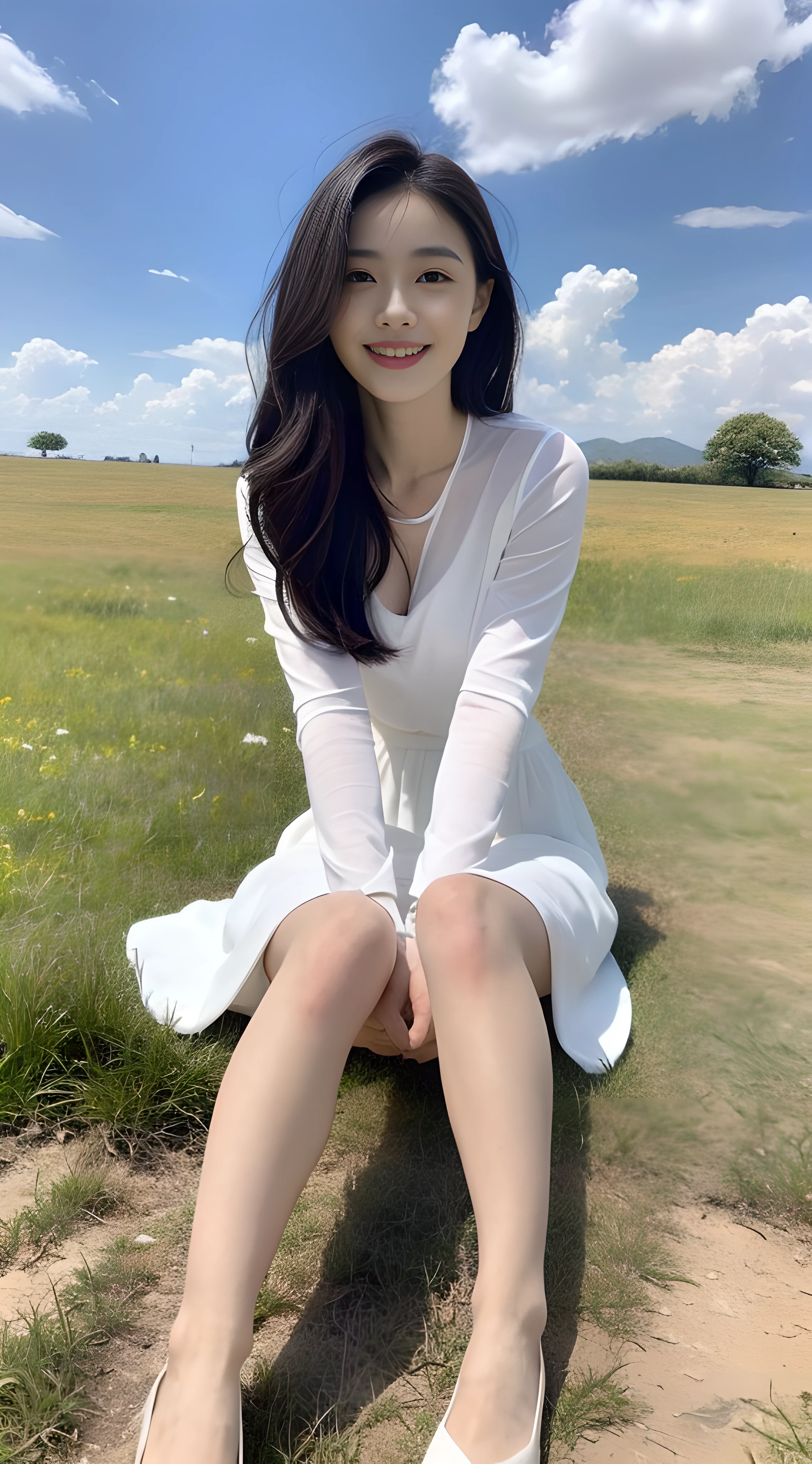 a young, Beautiful cute girl，Full body photo，Extremely beautiful and delicate，Black color hair，A sweet smile，Delicate and beautiful fair skin，Realistic and realistic，exquisite and complete facial features，Detailed depiction of the face，tall nose bridge，Smooth hair，extremely detail hair，Feminine temperament，Fill your face light，Tall and tall，Thin，Realiy，Hyper-realism，full body shot shot，Forward tilt angle,Extreme picture quality,Highest precision,Precise and perfect human anatomy。with blue sky and white clouds，Sitting on the Steppe，with blue sky and white clouds，rays of sunshine，cattle and sheep，(White chiffon skirt)Panties are clearly visible. telephoto shot，Express the landscape，Highlight portrait。Delicate fingers