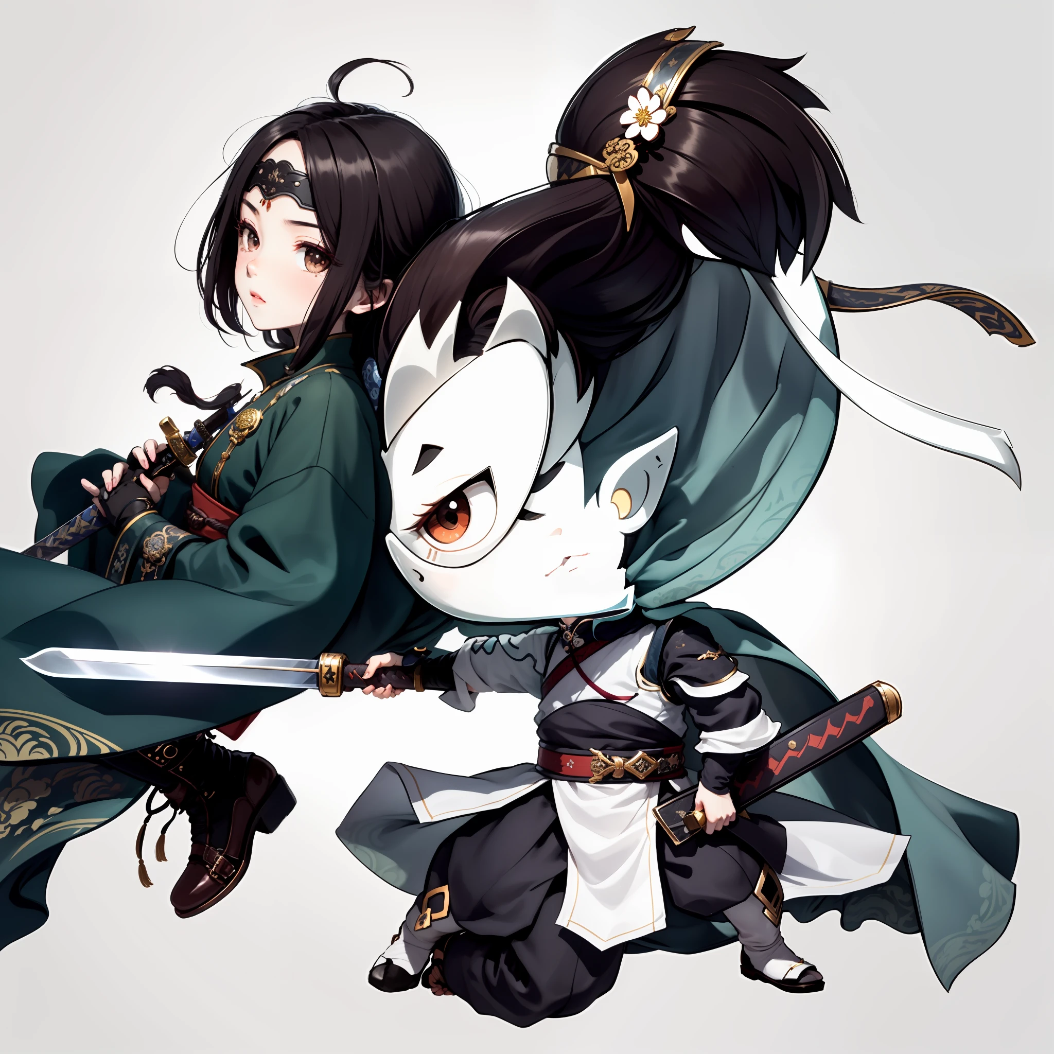 Chibi anime characters，China-style，Chinese shoes，The sword，sword sheath，There is a beautiful pattern on the scabbard，Refinement，Fine painting，Refinement，infinite details，high definition detail，Delicate belt，Belt accessories，Male characters，Blindfolds，sideface，swordsman，dark colored hair，Patterned，Pattern，Blank background，Bright colors，Metal edging