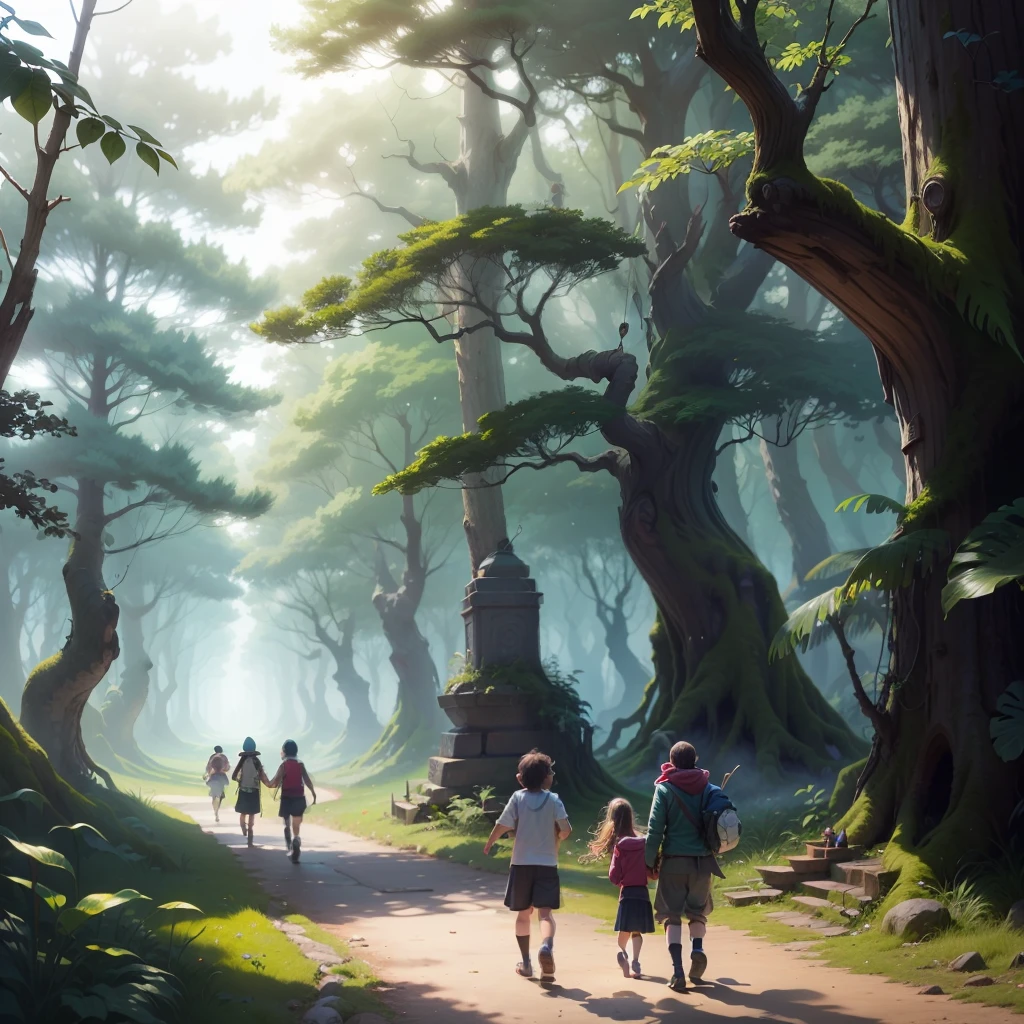 group of adventurous children, walk through the enchanted forest, magical world full of tall and colorful trees, legendary treasure that was lost in the forest, --auto --s2