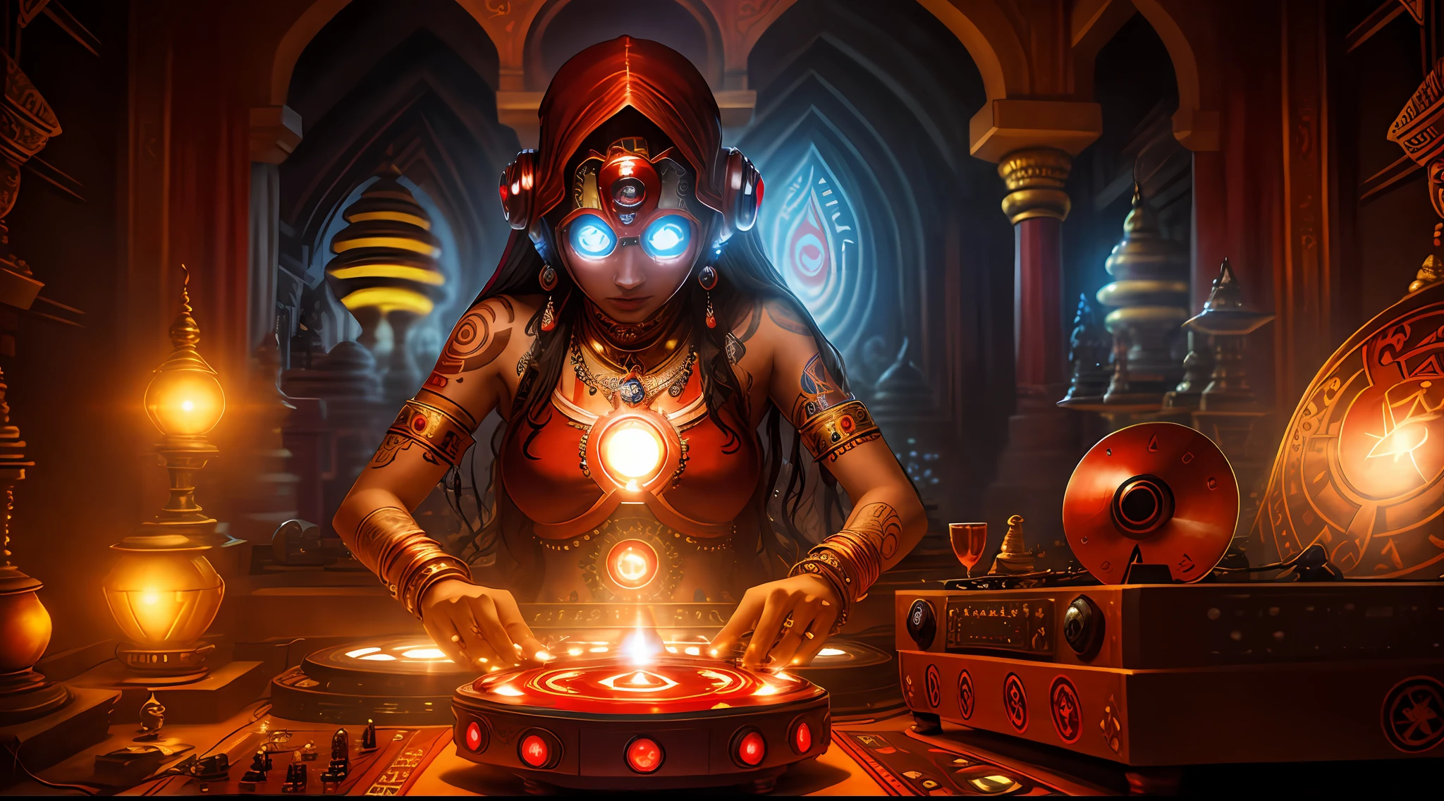 Tantric priestess woman with tattoos and percings and an ironman mask mixing music on a DJ turntable at a Hindu temple Ultra-realistic photo -- --auto