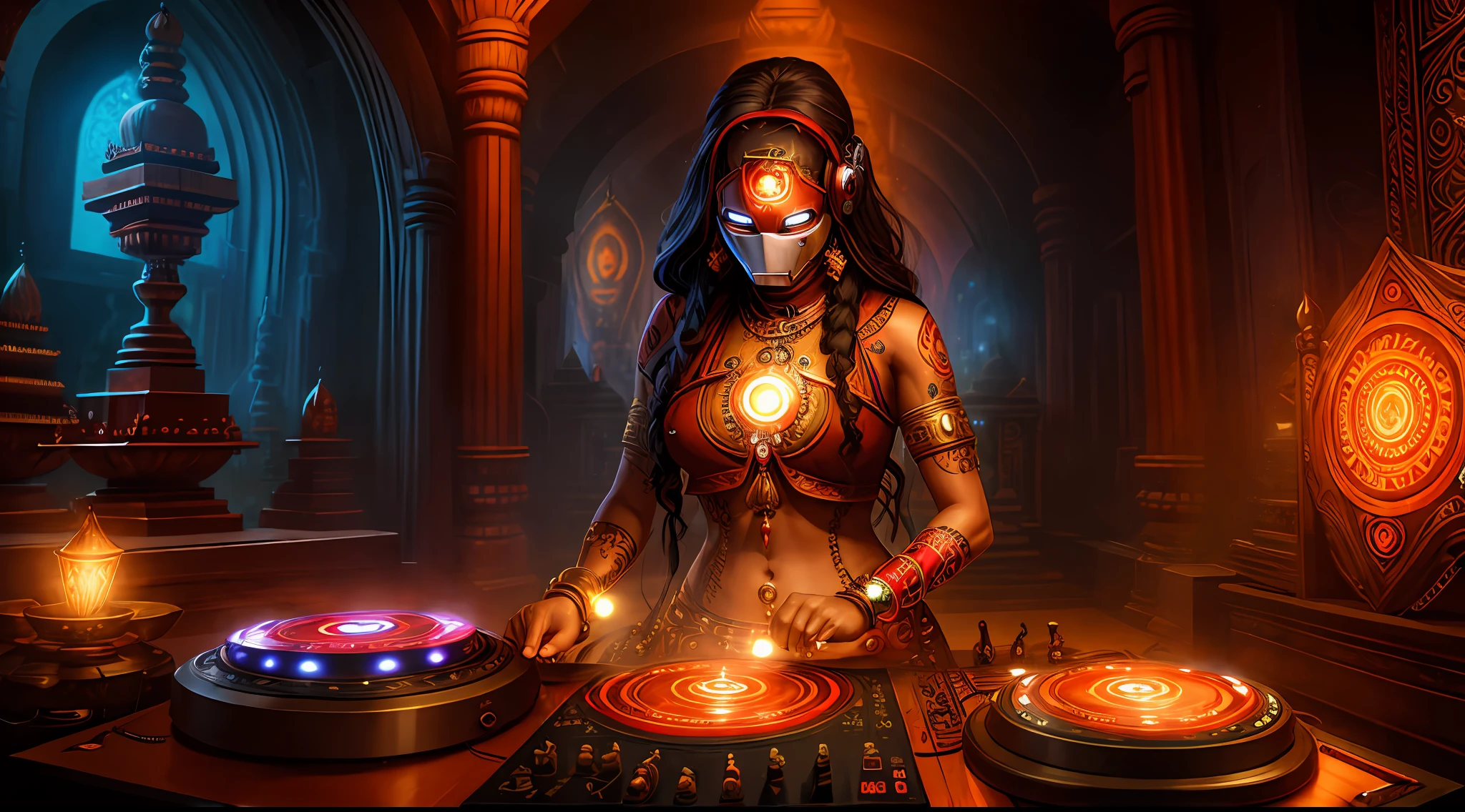 Tantric priestess woman with tattoos and percings and an ironman mask mixing music on a DJ turntable at a Hindu temple Ultra-realistic photo -- --auto