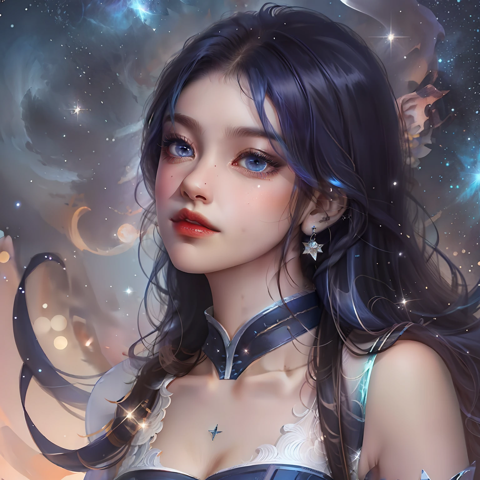 Girl with dark blue hair,background starry sky,The stars twinkle