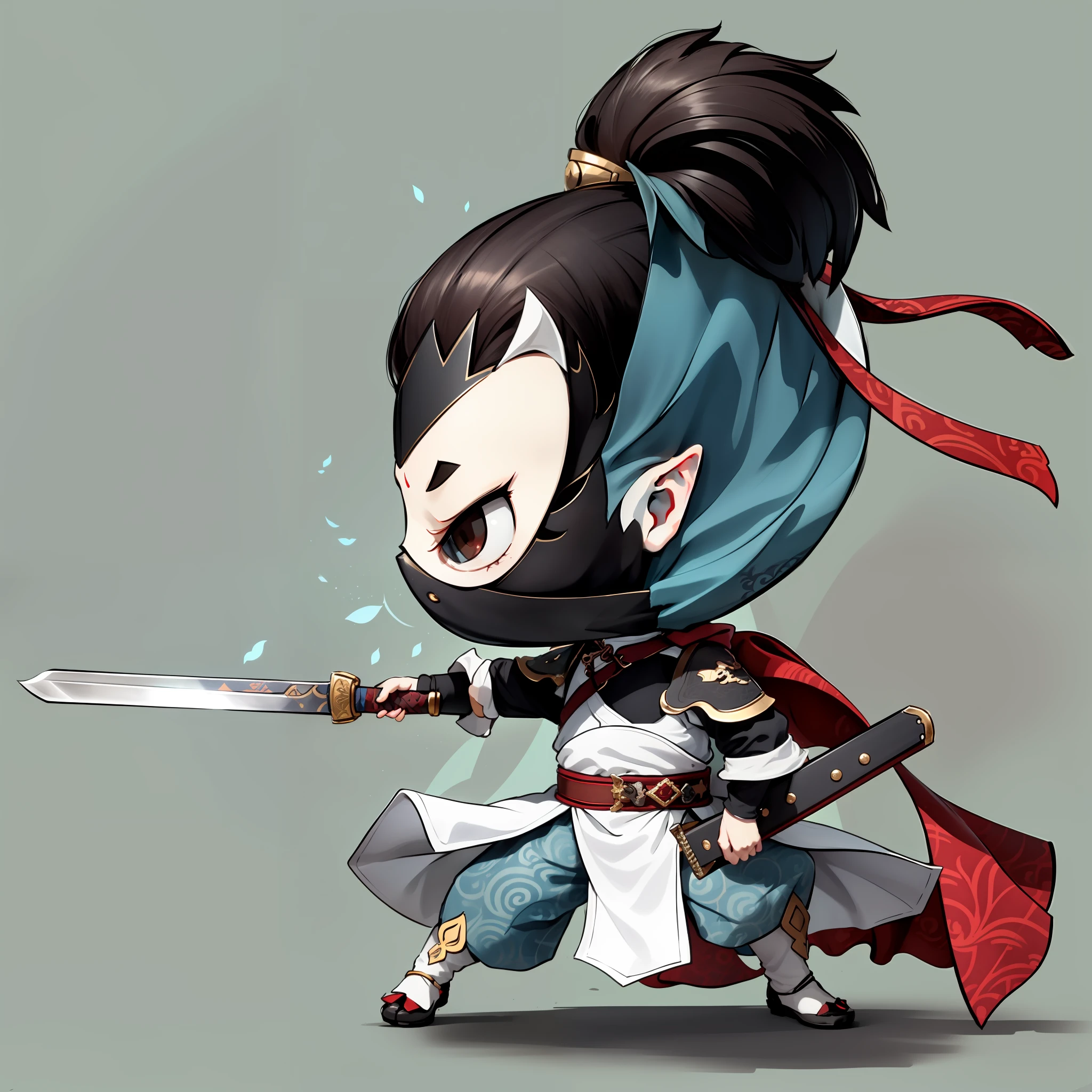 Chibi anime characters，China-style，Chinese shoes，The sword，sword sheath，There is a beautiful pattern on the scabbard，Refinement，Fine painting，Refinement，infinite details，high definition detail，Delicate belt，Belt accessories，Male characters，Blindfolds，sideface，swordsman，dark colored hair，Patterned，Pattern，Blank background，Bright colors，Metal edging