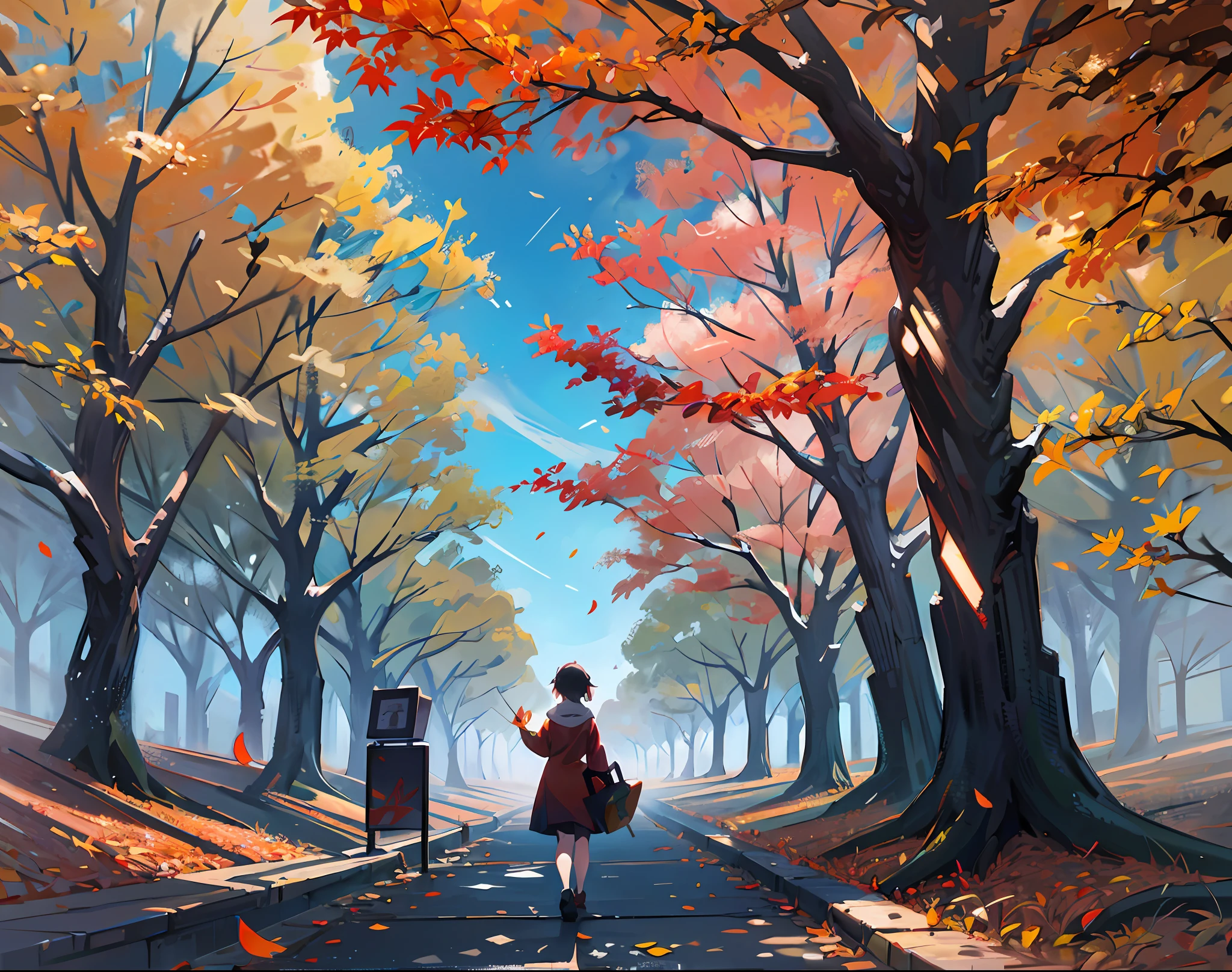 No humans, Anime landscapes, autumnal, Skysky, ​​clouds,naturey、autumn leaves in the air、momiji、Makoto Shinkai's painting style,​masterpiece、unmanned、top-quality、The ultra-detailliert、unmanned