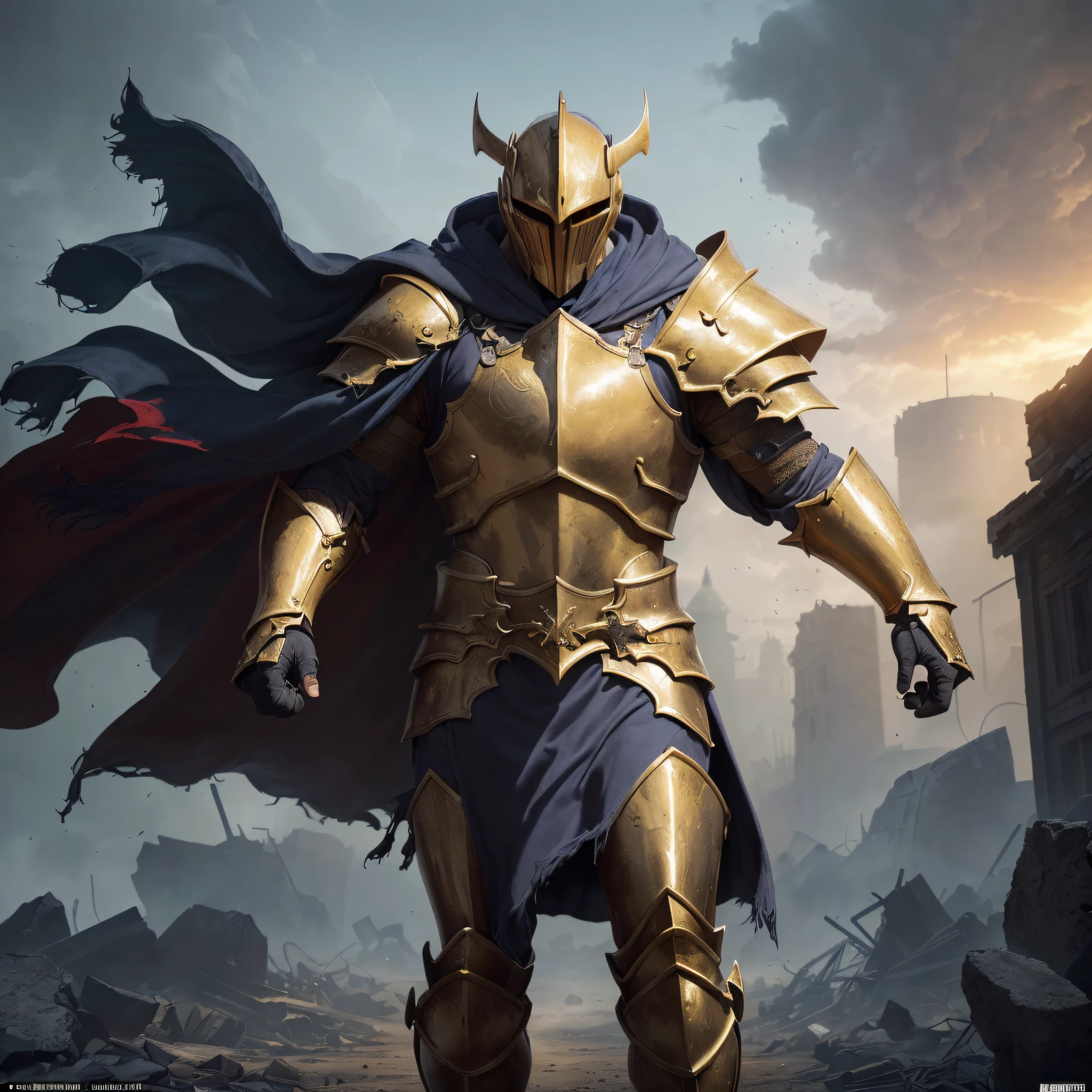 ((Isaac's cloak+gold, Silver, Blue and red armor+Male Apocalypse Knight+Messenger of Justice)+(The big mask does not show its face+Great picture))&(High-quality illustrations+Extremely detailed+The details are unbeatable+The heaviness is full)&(Strong muscles+A palatial paradise，The background is magnificent+full body armored))