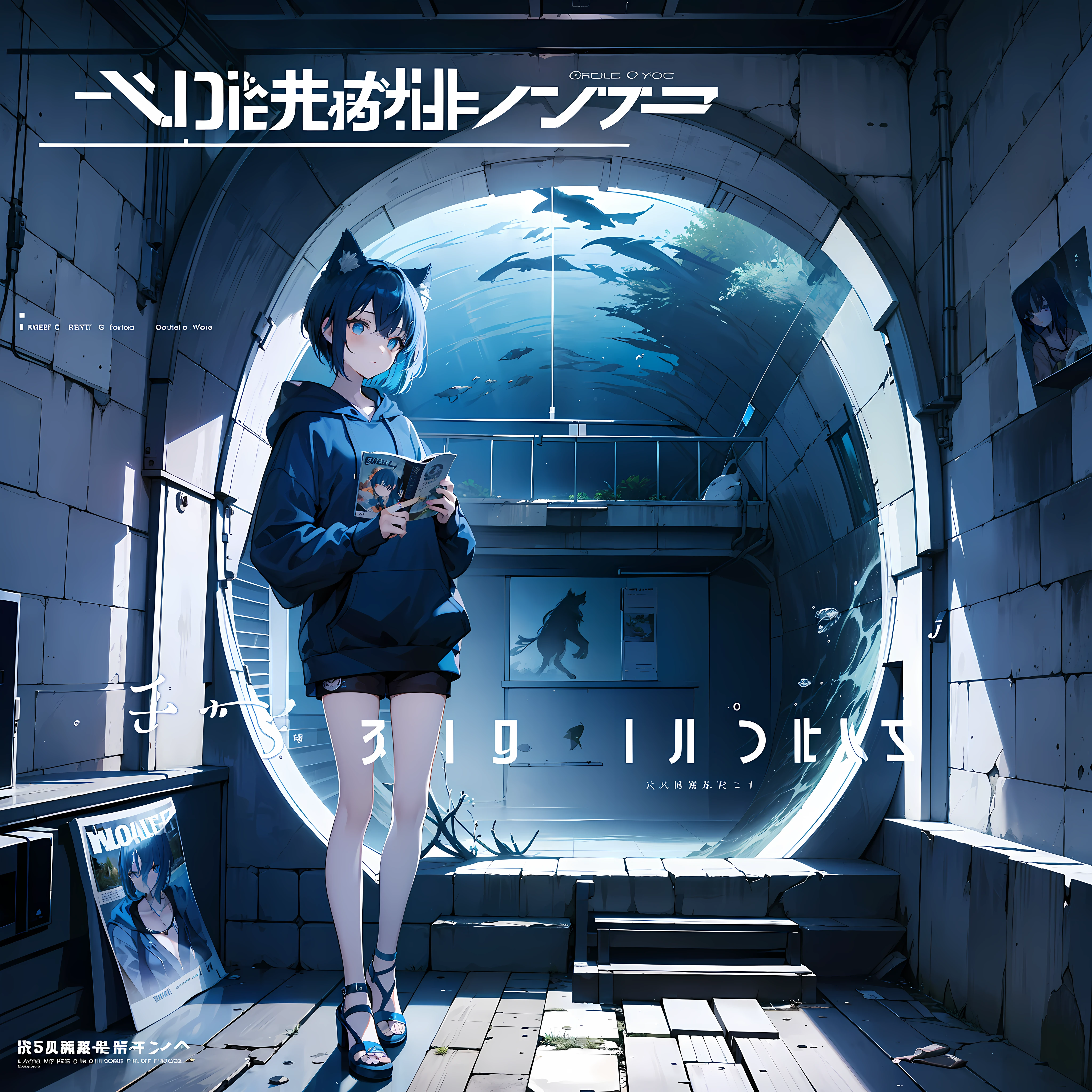 masterpiece, best quality, full body, (1girl), (blue hoodie), (Girl wolf cut hair), (blue hair), black shorts, (solo), (magazine:1.3), (cover-style:1.3), fashionable,(Under water beautiful nature), (in side tunnel aquarium), dark mood,