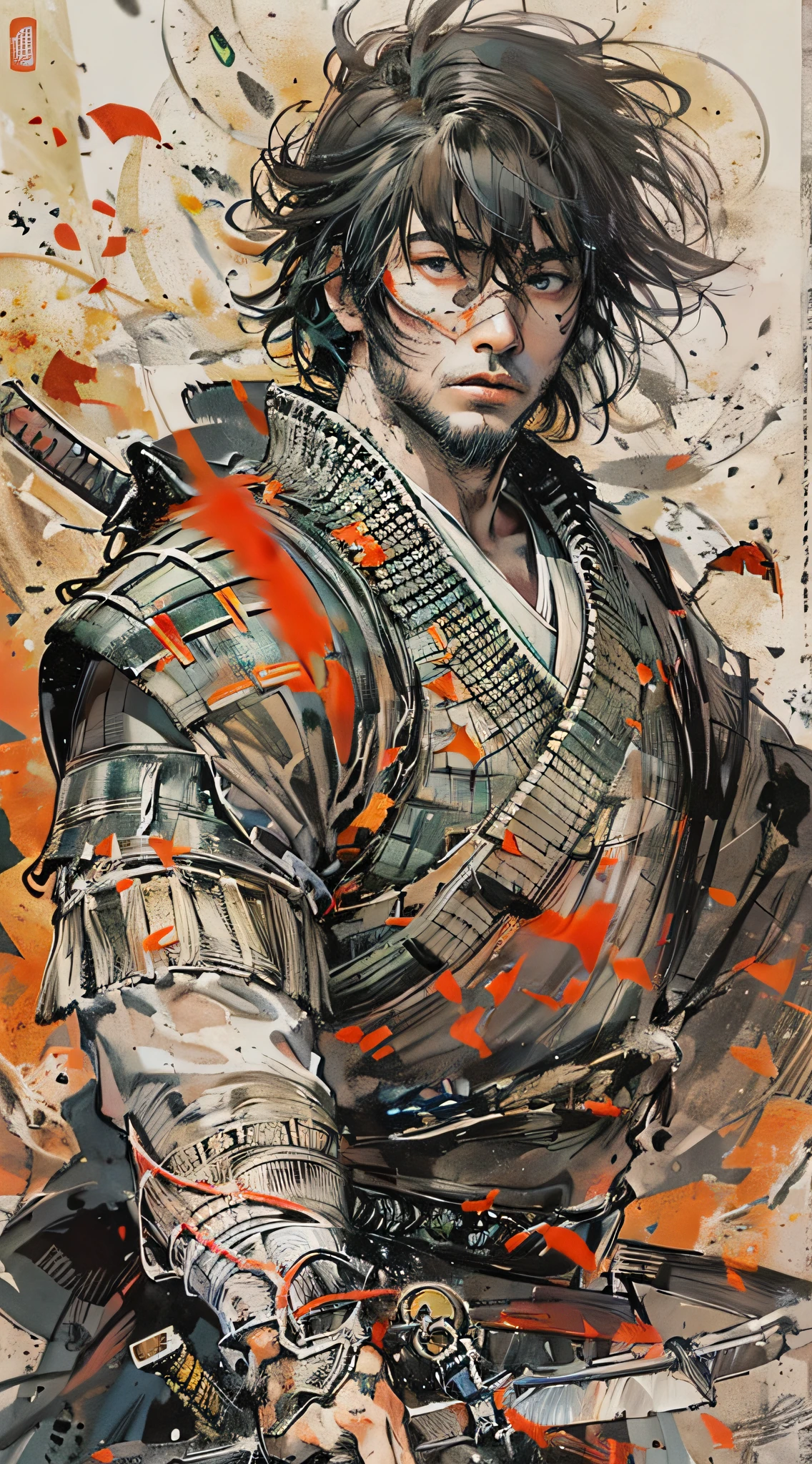 Ink wind,Ink strokes,1 man,Male samurai,Hairline,Armor black,red tint,Long knives,Broken flag