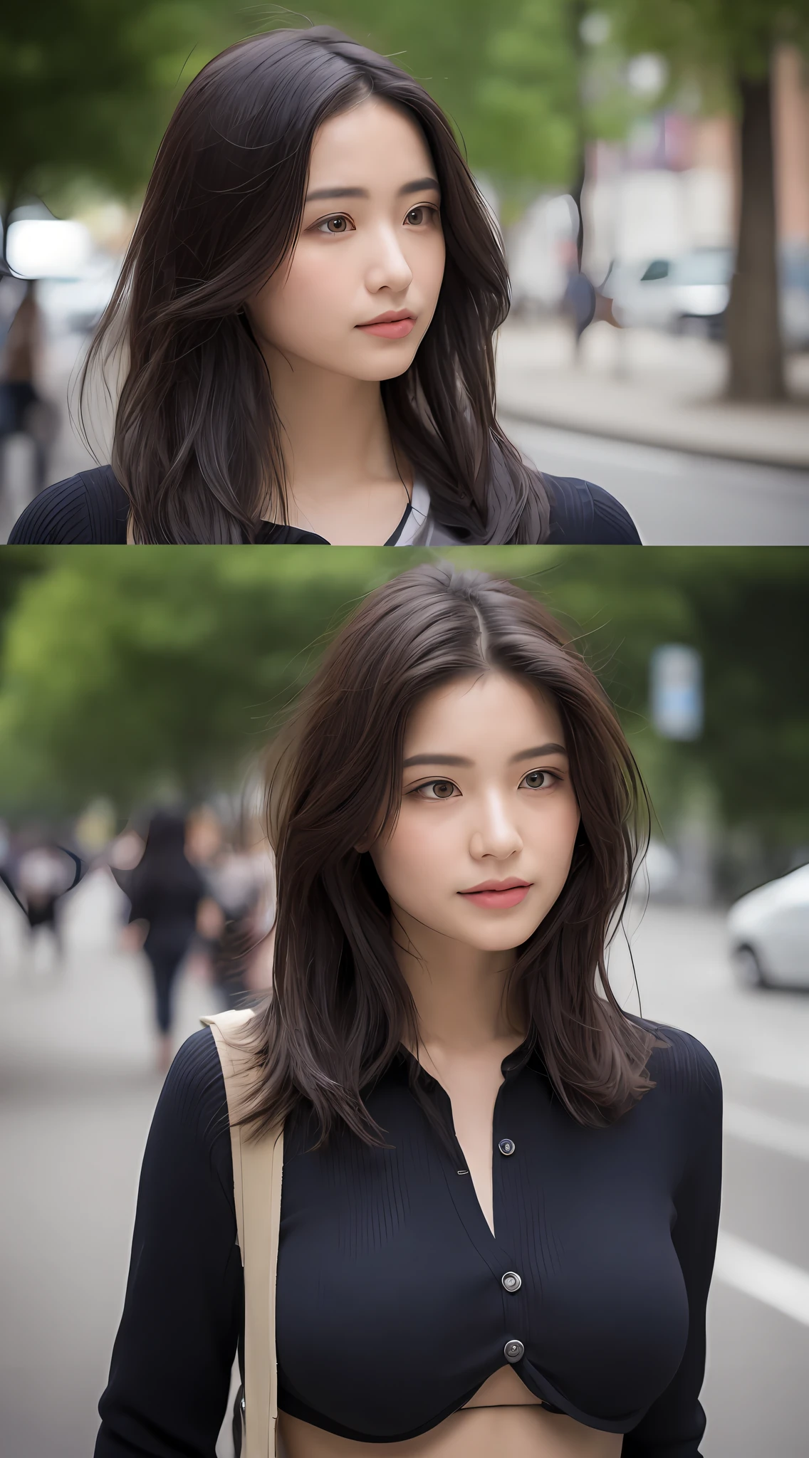 ((best qualtiy, 8K, tmasterpiece:1.3)), Sharp:1.2, perfect figure beautiful woman:1.4, Slim abs:1.2, ((Layered Hair Style, huge tit:1.2)), (Long shirt with wet white buttons:1.1),(Sateen,the street:1.2),Get wet:1.5,Highly detailed facial and skin texture,A detailed eye,二重まぶた,looks into camera,glute:1.2,