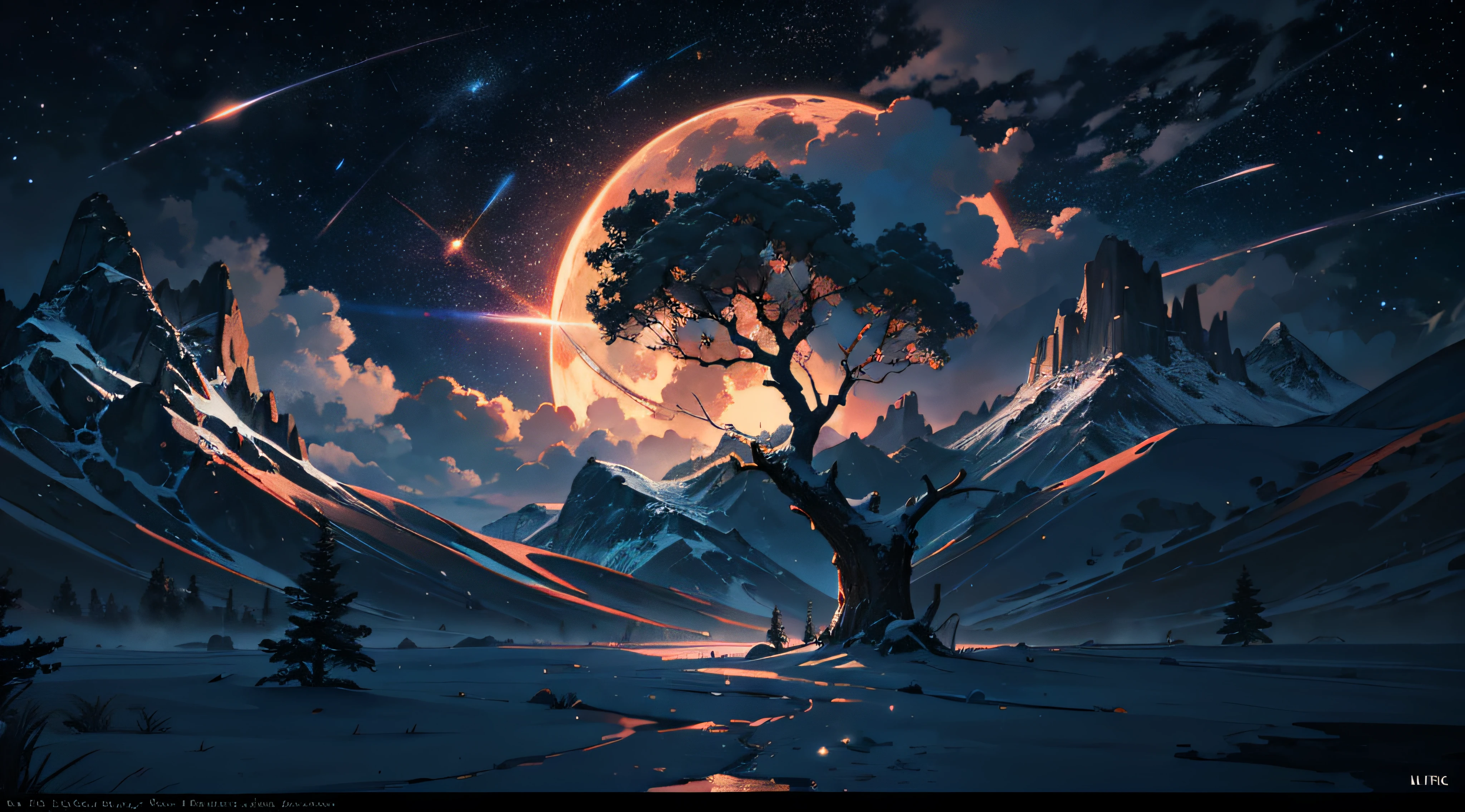 Expansive landscape photograph,(moon full:1.2),(meteors:0.9),(Starcloud:1.3),Far Mountain, Tree BREAK making art,(Warm light source:1.2),(glowworm:1.2),lamp lights,Lots of purple and orange,Complicated details,Volumetriclighting,Realism BREAK(tmasterpiece:1.2),(best qualtiy),4K,Ultra-detailed,(dynamic compositions:1.4),The is very detailed,Colorful details,(Irridescent color:1.2),(luminouslighting,Atmospheric lighting),dream magical,magical,(独奏:1.2),((best qualtiy)), ((tmasterpiece)), (the detail:1.4),depth of fields,maximum definition and sharpness,perfectly proportions,Fluttering clouds,Wallpapers
