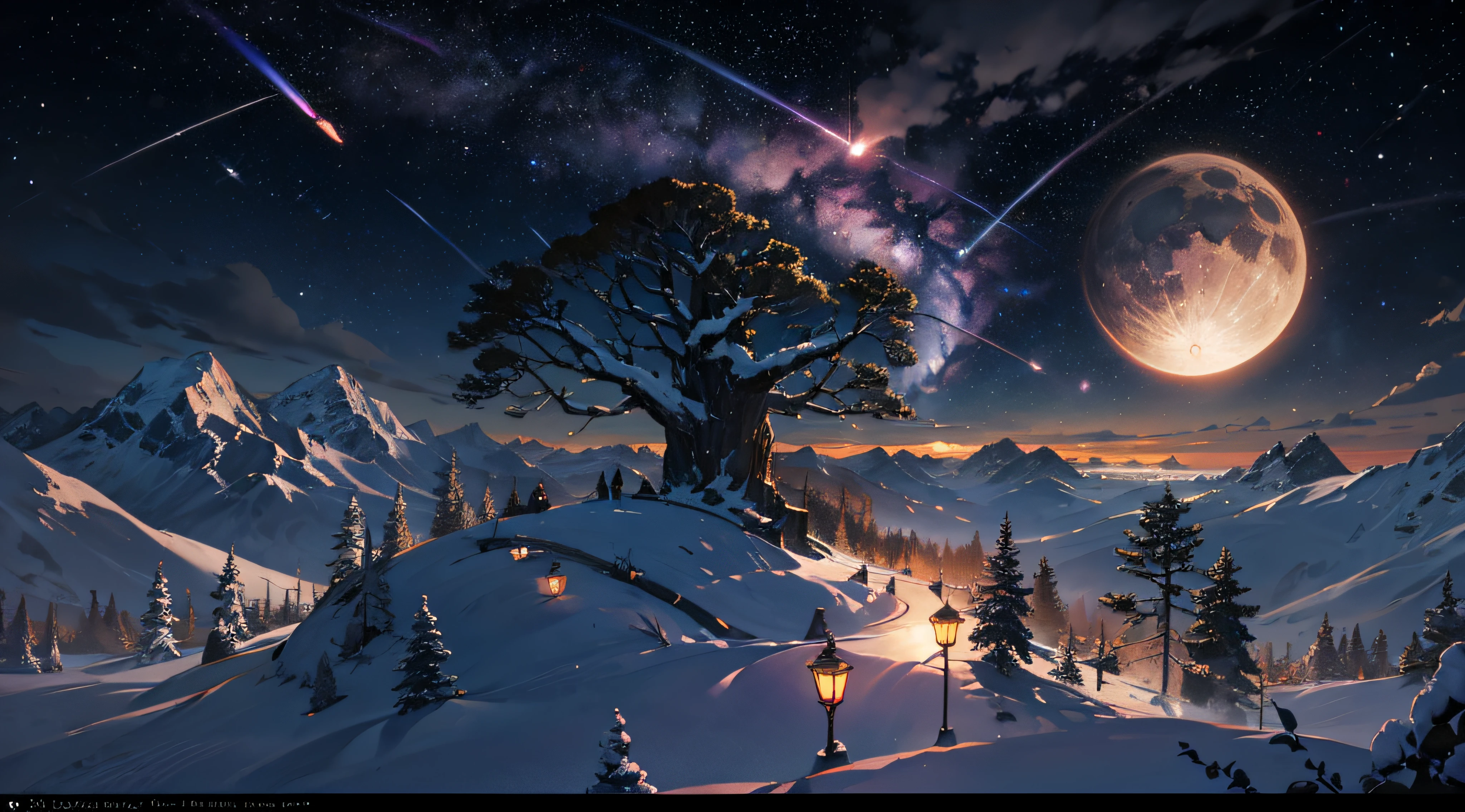 Expansive landscape photograph，（moon full：1.2），（meteors：0.9），（Starcloud：1.3），Far Mountain, Tree BREAK making art，（Warm light source：1.2），（glowworm：1.2），lamp lights，Lots of purple and orange，Complicated details，Volumetriclighting，Realism BREAK（tmasterpiece：1.2），（best qualtiy），4K，Ultra-detailed，（dynamic compositions：1.4），The is very detailed，Colorful details，（Irridescent color：1.2），（luminouslighting，Atmospheric lighting），dream magical，magical，（独奏：1.2），（（best qualtiy））， （（tmasterpiece））， （the detail：1.4），depth of fields，maximum definition and sharpness，perfectly proportions，Fluttering clouds，Wallpapers