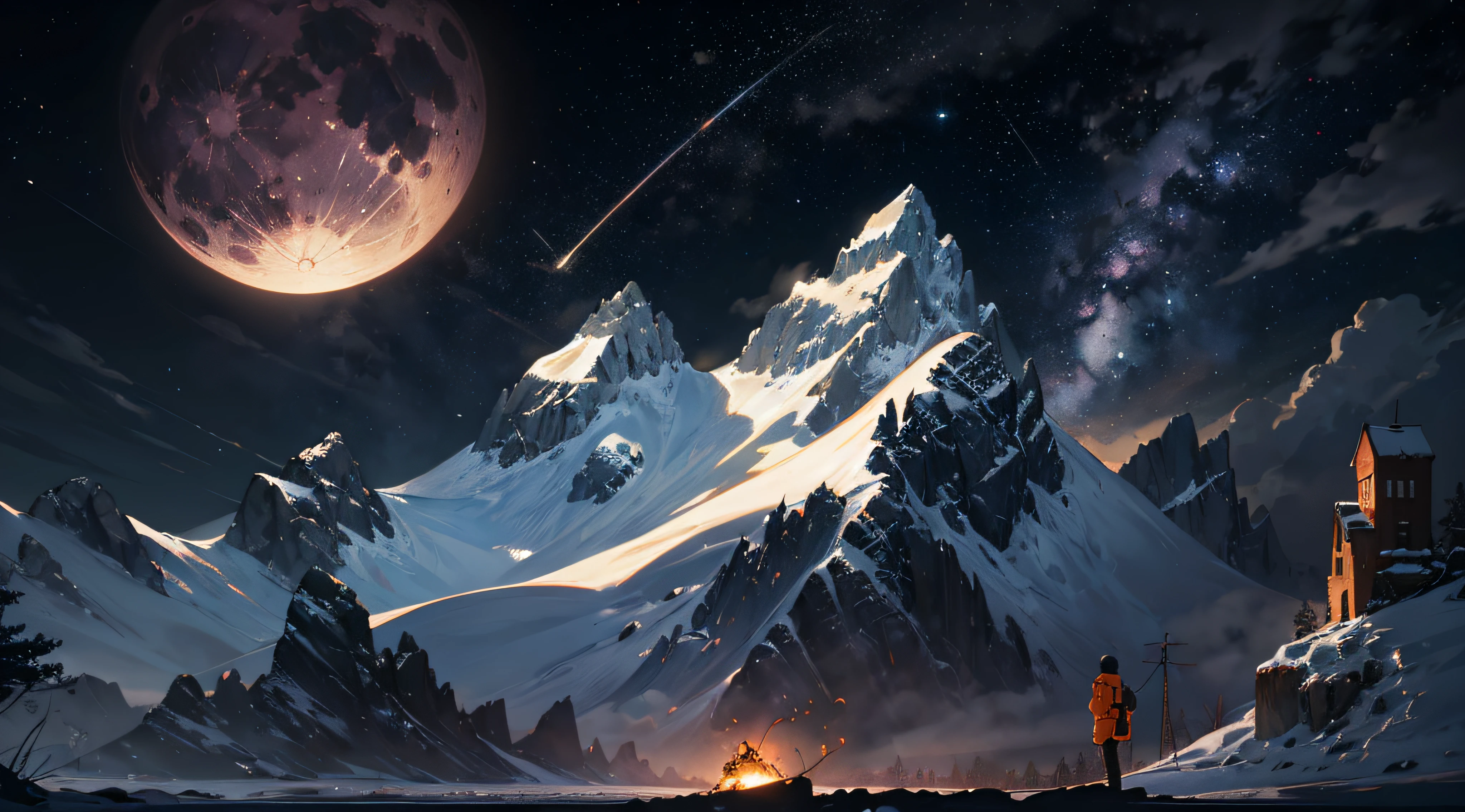 Expansive landscape photograph，（moon full：1.2），（meteors：0.9），（Starcloud：1.3），Far Mountain, Tree BREAK making art，（Warm light source：1.2），（glowworm：1.2），lamp lights，Lots of purple and orange，Complicated details，Volumetriclighting，Realism BREAK（tmasterpiece：1.2），（best qualtiy），4K，Ultra-detailed，（dynamic compositions：1.4），The is very detailed，Colorful details，（Irridescent color：1.2），（luminouslighting，Atmospheric lighting），dream magical，magical，（独奏：1.2），（（best qualtiy））， （（tmasterpiece））， （the detail：1.4），depth of fields，maximum definition and sharpness，perfectly proportions，Fluttering clouds，Wallpapers