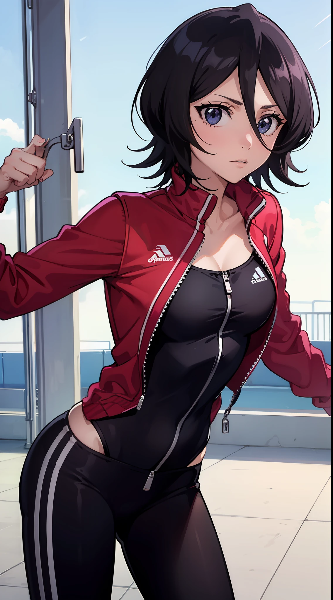 Off-the-shoulder attire,looks into camera,The upper part of the body,Black color hair,cleavage,track suit,sport,gymnastic suit