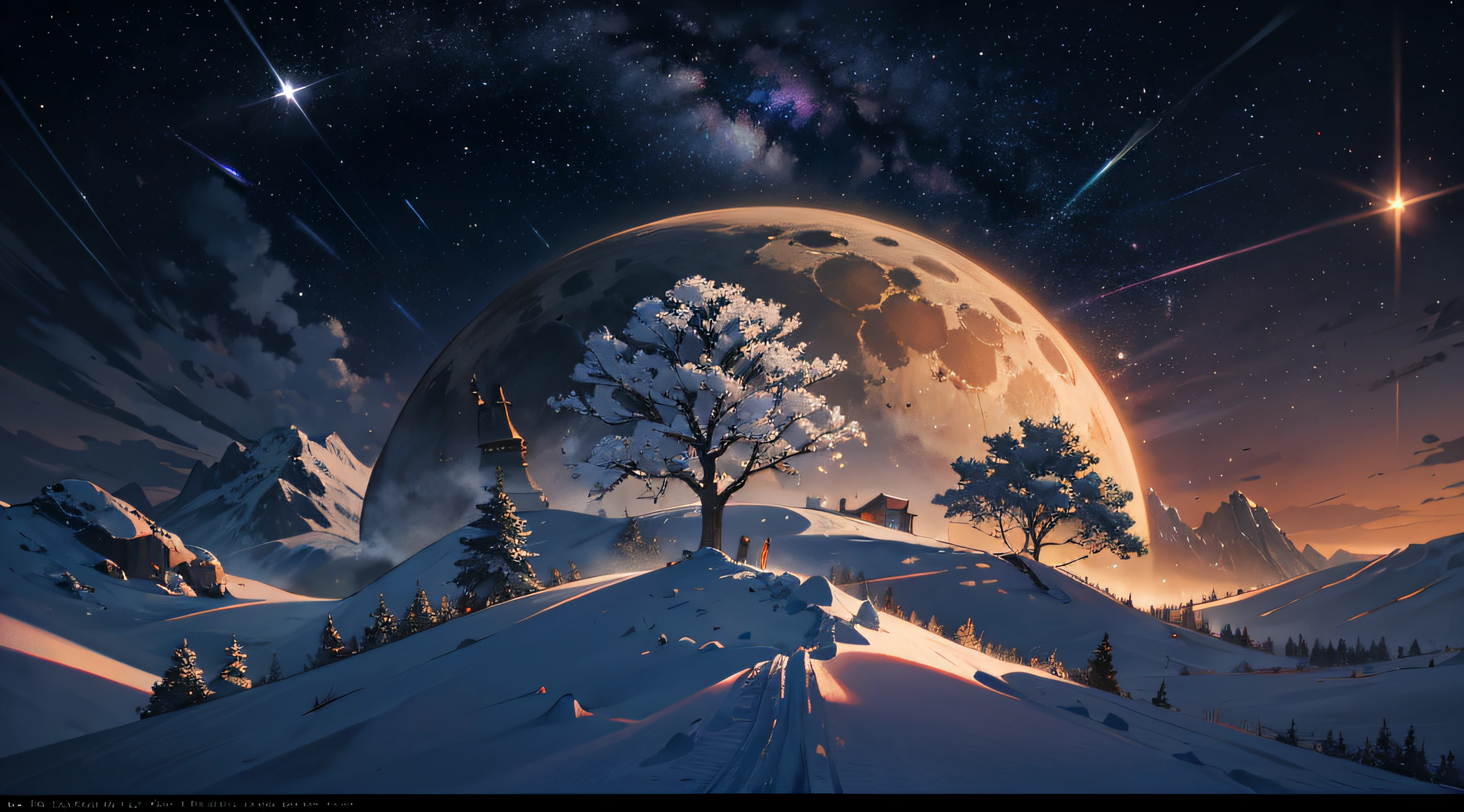 Expansive landscape photograph,(moon full:1.2),(meteors:0.9),(Starcloud:1.3),Far Mountain, Tree BREAK making art,(Warm light source:1.2),(glowworm:1.2),lamp lights,Lots of purple and orange,Complicated details,Volumetriclighting,Realism BREAK(tmasterpiece:1.2),(best qualtiy),4K,Ultra-detailed,(dynamic compositions:1.4),The is very detailed,Colorful details,(Irridescent color:1.2),(luminouslighting,Atmospheric lighting),dream magical,magical,(独奏:1.2),((best qualtiy)), ((tmasterpiece)), (the detail:1.4),depth of fields,maximum definition and sharpness,perfectly proportions,Fluttering clouds,Wallpapers