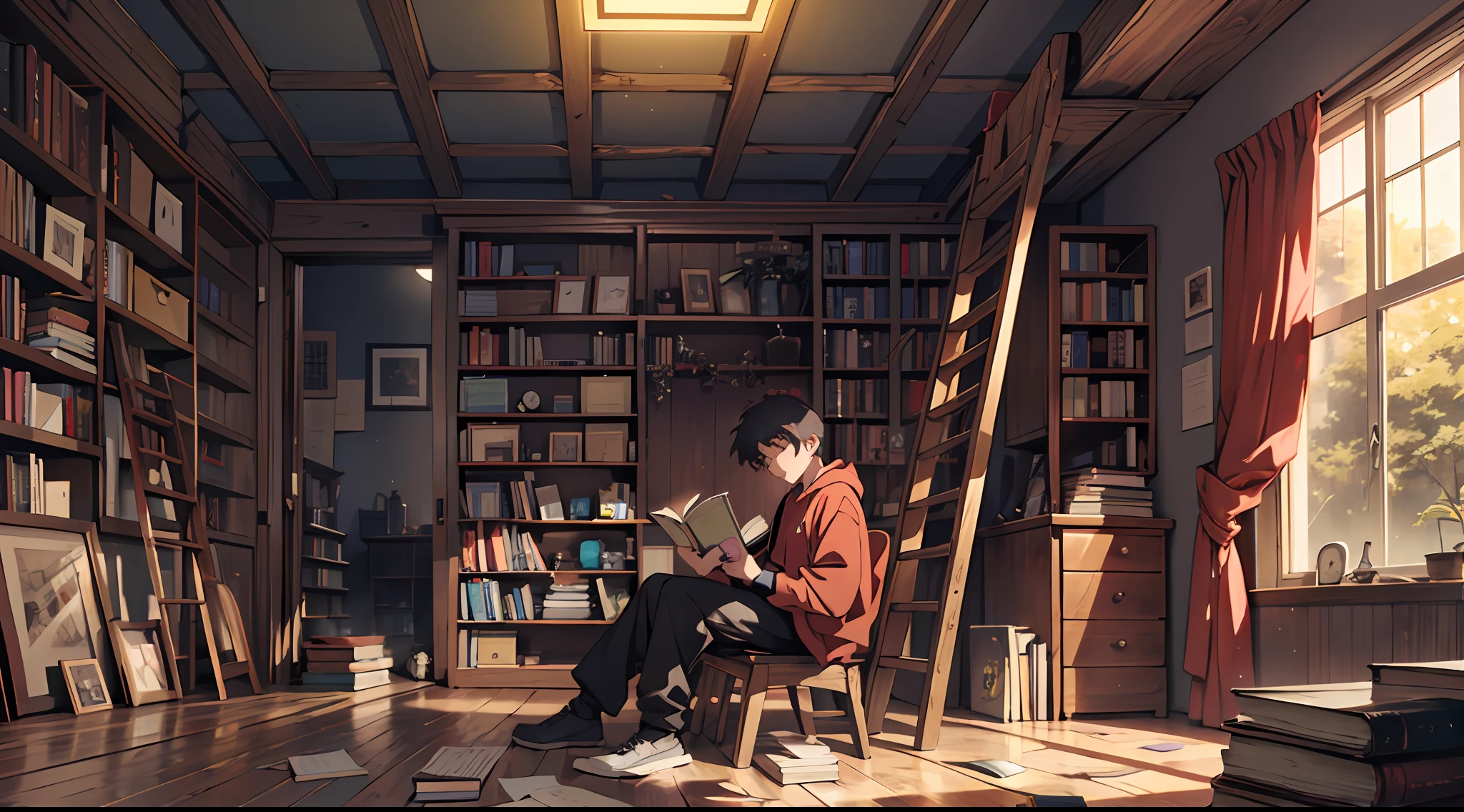 A big room, library , mostly red colors, an anime boy sitting and reading book on a messy table, low lights, dark room, the ceiling of the room is long, a wooden ladder leaning aganist a bookshelf , its night, there is no light --auto --s2