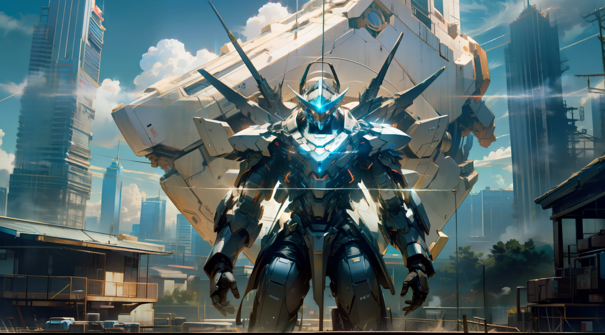 super high resolution, best quality, photo, 16k, (photorealistic: 1.2), cinematic lighting, 1 guardian robot in combat stands to defend the Ho Chi Minh city from evasion of alien spaceships from the sky, modern sci-fi city, robot inspired of Archangel Michael, shiny armor, epic giant sword and shield, day time, light cloud sky, extreme details, best quality, 8k, landscape captured by fish-eye lens with extreme long shot. Pay meticulous attention to stunning details and achieve a resolution of 64K for an immersive and futuristic visual experience. Let your work capture the essence of technology and wonder, leaving viewers in awe of its mechanic and power.
