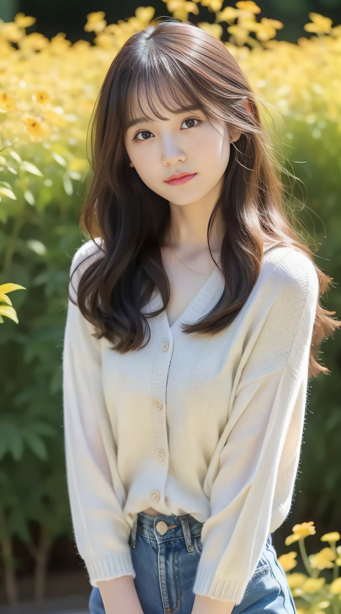 1girll,high detal,超高分辨率,Delicate facial features,Watery eyes,long eyelasher,long whitr hair,shairband,Facing the viewer,Beautiful girl style,((Small etc. chest)),Skinny short-sleeved sweater,denim short,((black lence stockings)),and the sun was shining brightly,flower sea,baiyun,Yamakawa,detailed back ground