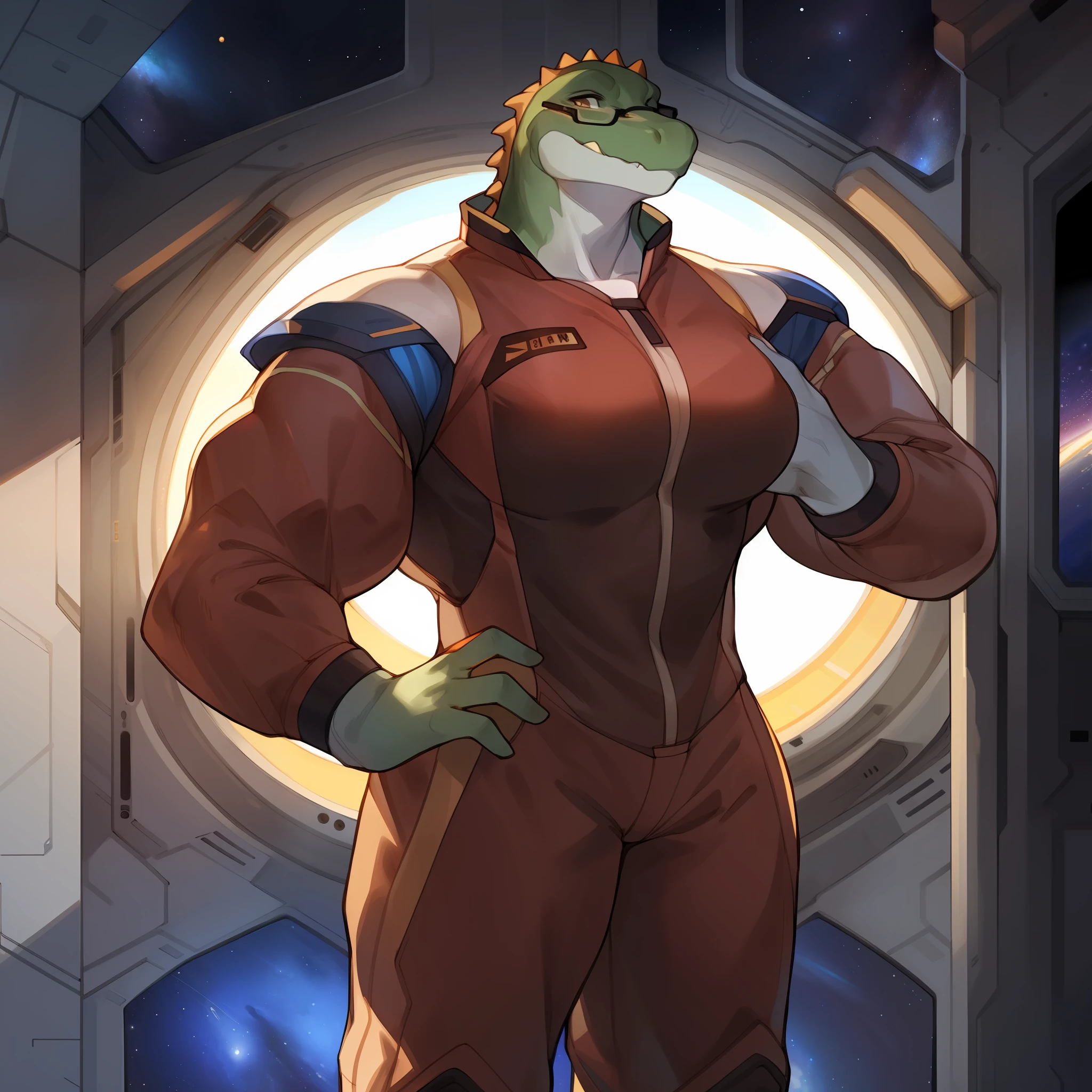 Solo, female, standing, medium hair, glasses, big breasts, muscular, red military spacesuit, alligator, space, spaceship, window, by bebebebebe, by spuydjeks, (((muscular))), big, giant, tall, massive, enormous, biceps
