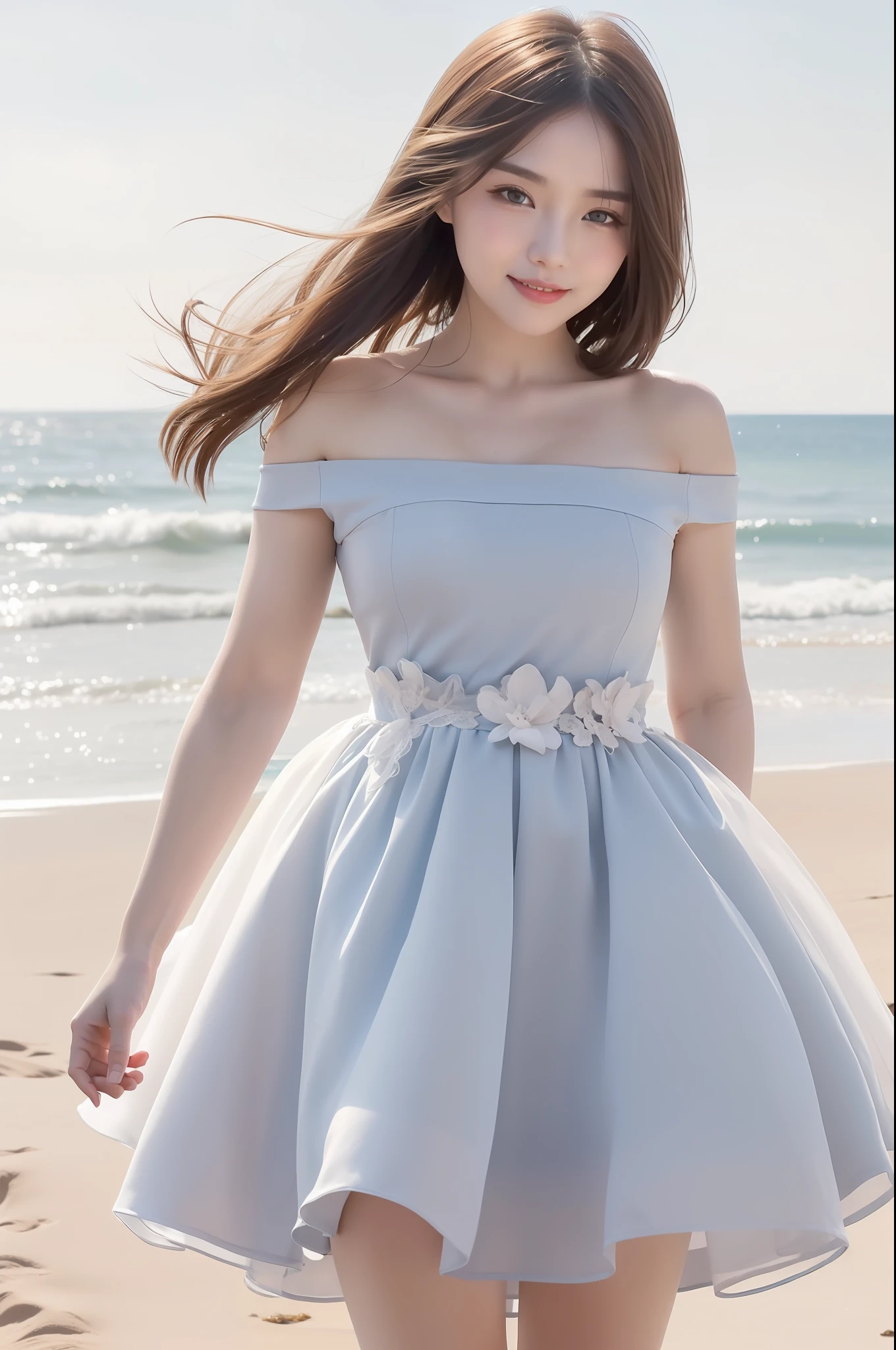 high detal,8K分辨率,超高分辨率,Young beautiful girl slightly fat,((waist-up)) ，full bodyesbian，A cute girl，long whitr hair，Bright and clear eyes,(voluminous hair,鎖骨,Exquisite and perfect facial features, the most beautiful big eyes,Long eyelashes,Wear an organza dress，Theron fluffy skirt，Crop topping，sweet eyes,ssmile)，dynamic angle,Extreme picture quality,Highest accuracy,Precise and perfect human anatomy，with blue sky and white clouds，On the beautiful seaside，sandbeach。