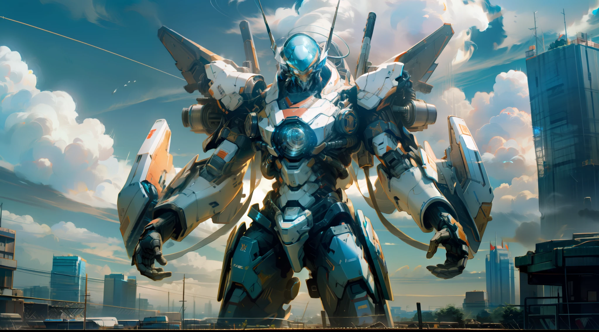 super high resolution, best quality, photo, 16k, (photorealistic: 1.2), cinematic lighting, 1 guardian robot in combat stands to defend the Ho Chi Minh city from evasion of alien spaceships from the sky, modern sci-fi city, robot inspired of Archangel Michael, shiny armor, epic giant sword and shield, day time, light cloud sky, extreme details, best quality, 8k, landscape captured by fish-eye lens with extreme long shot. Pay meticulous attention to stunning details and achieve a resolution of 64K for an immersive and futuristic visual experience. Let your work capture the essence of technology and wonder, leaving viewers in awe of its mechanic and power.