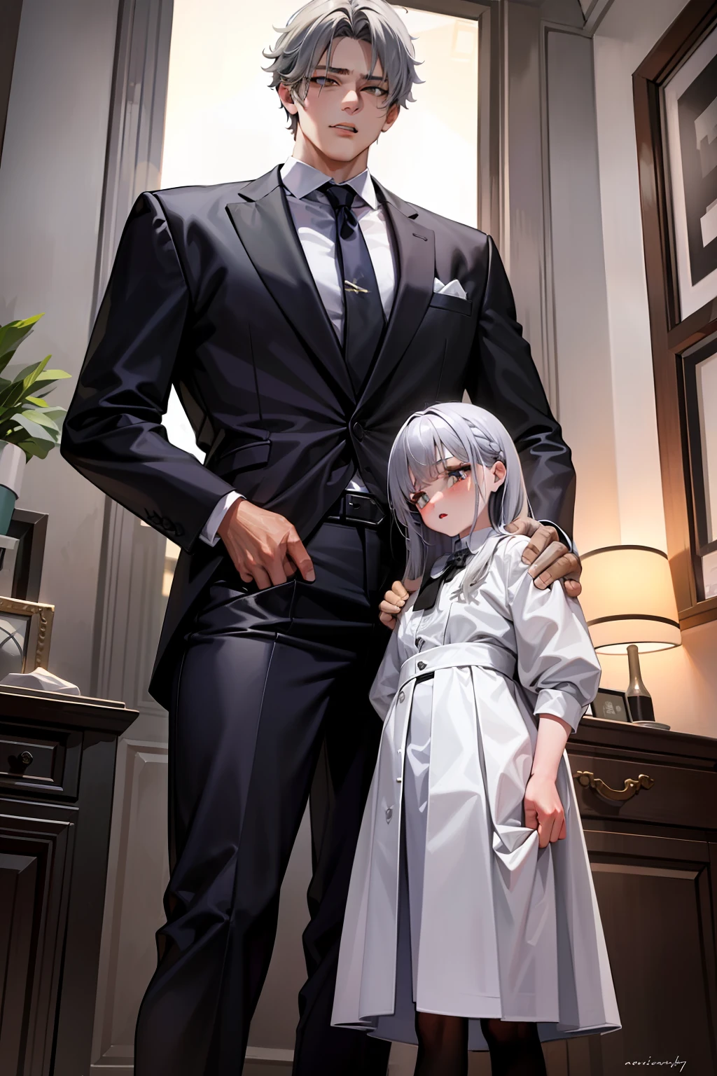 Masterpiece，Best quality，High details，1boys，1girll，Girl with long gray hair，Girl wears white shirt, Pleated skirt, Black mid-tube socks，1boys，（Yellow-haired boy：1.5），Boys have muscles，The boy looked more fierce，The boy is very handsome，The girl is short，The boy is tall，（Reflects the height difference between boys and girls：1.5），（The girl is 150 cm tall：1.5），（The boy is 195 cm tall：1.5），The boy has a face，The boy is the main part of the picture，The girl is skinny，The girl was lovely，（The girl is super short and super small），Being in a hotel，Boys embrace girls