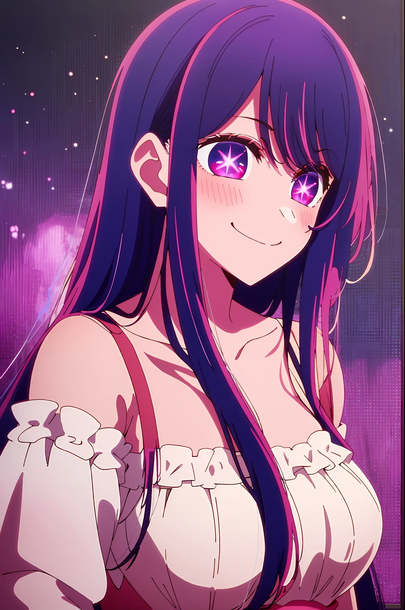 ​masterpiece、ighly detailed、(1 girl in:1.2)、purple color  hair、pink  dress、big eye、a closeup、a smile、8K、Ai Hoshino、Live performance venue