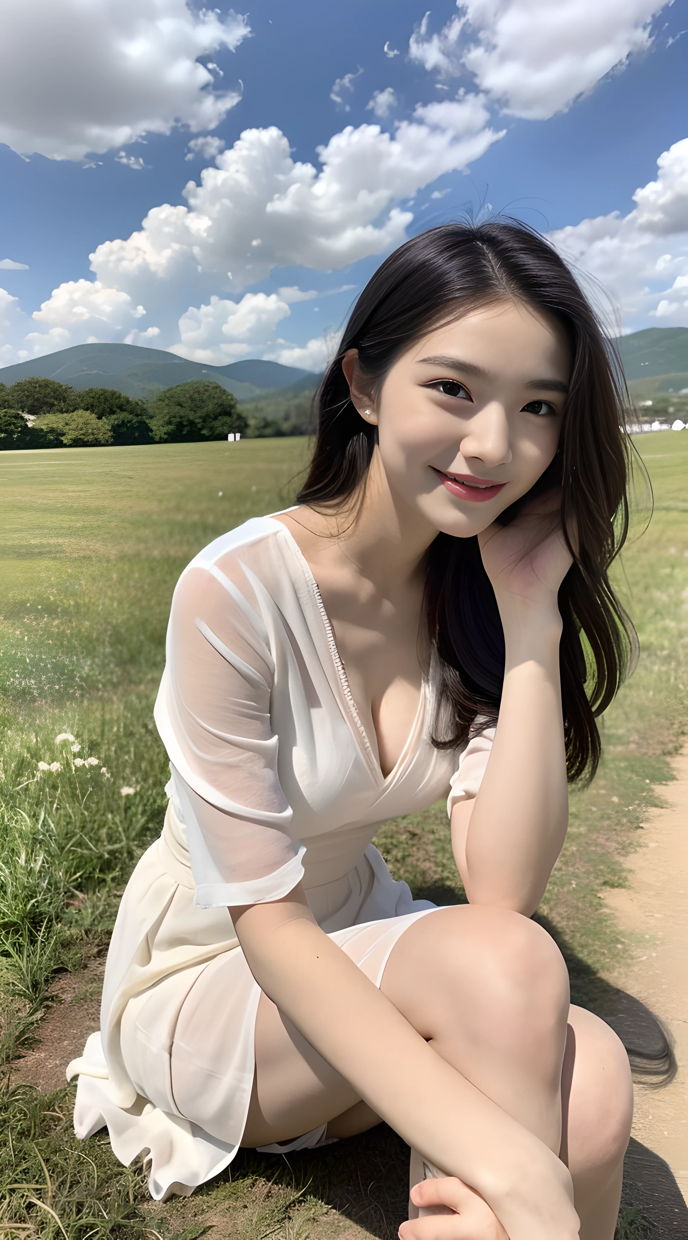 a young, Beautiful cute girl,Full body photo,Extremely beautiful and delicate,Black color hair,A sweet smile,Delicate and beautiful fair skin,Realistic and realistic,exquisite and complete facial features,Detailed depiction of the face,tall nose bridge,Smooth hair,extremely detail hair,Feminine temperament,Fill your face light,Tall and tall,Thin,Realiy,Hyper-realism,full body shot shot,Forward tilt angle,Extreme picture quality,Highest precision,Precise and perfect human anatomy。with blue sky and white clouds,Sitting on the Steppe,with blue sky and white clouds,rays of sunshine,cattle and sheep,(White chiffon skirt)Panties are clearly visible. telephoto shot,Express the landscape,Highlight portrait。Delicate fingers