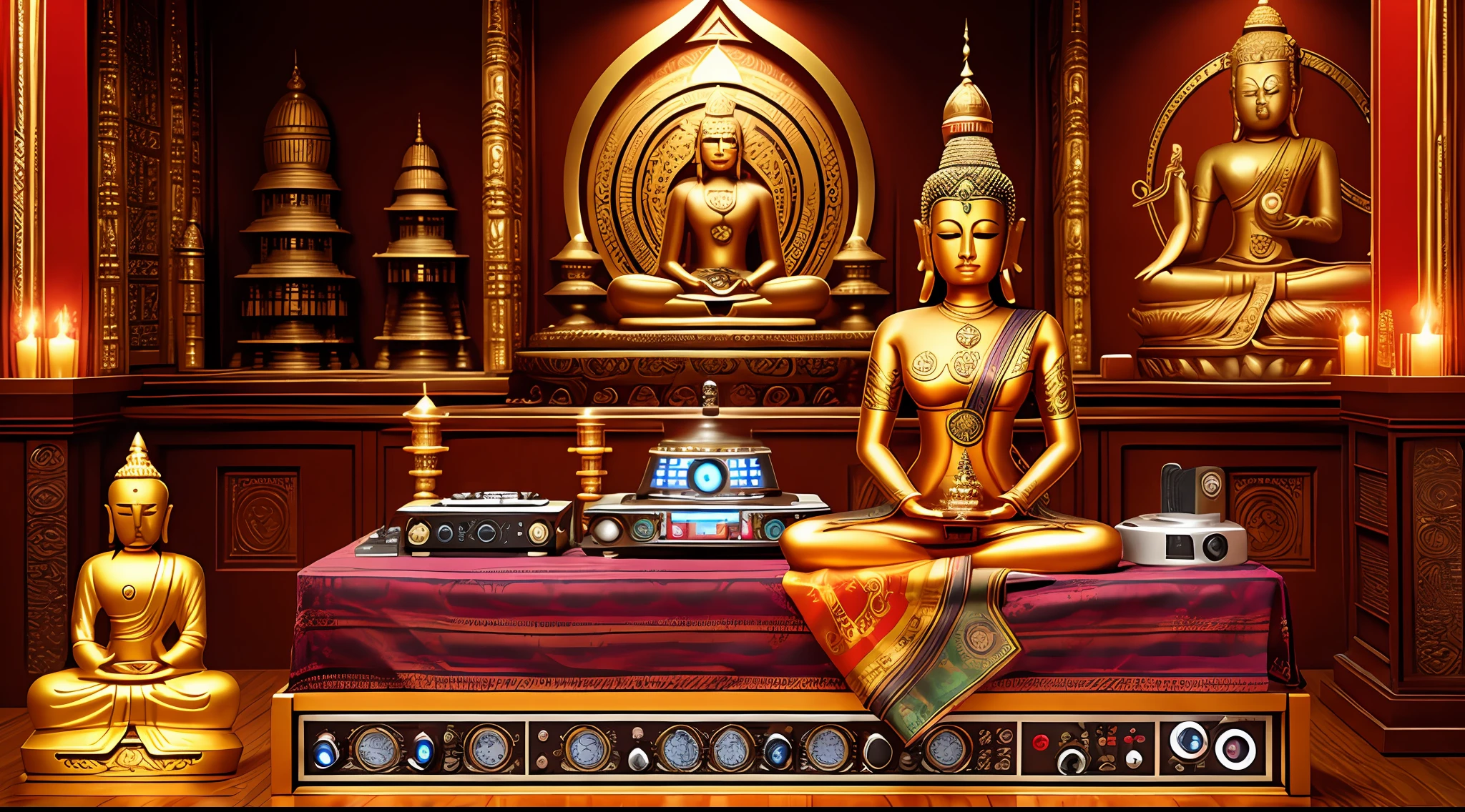 Tantric priestess woman with tattoos and percings and an ironman mask mixing music on a DJ record player at a Hindu temple Photo next to an ultra-realistic Buddha statue -- --auto