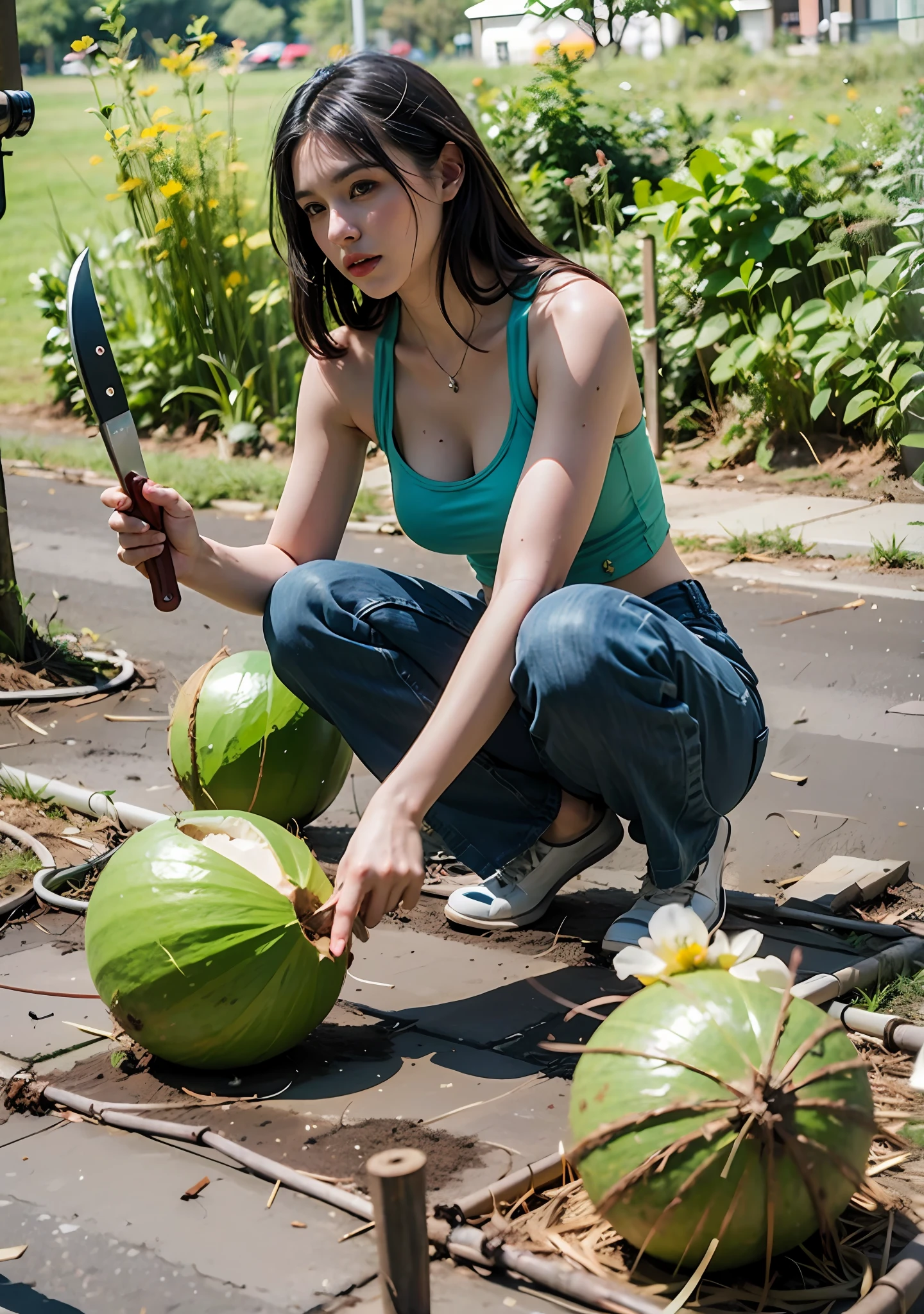 "(A woman with resemblance to Amouranth:1.2 confidently slicing a coconut with a sharp knife)"