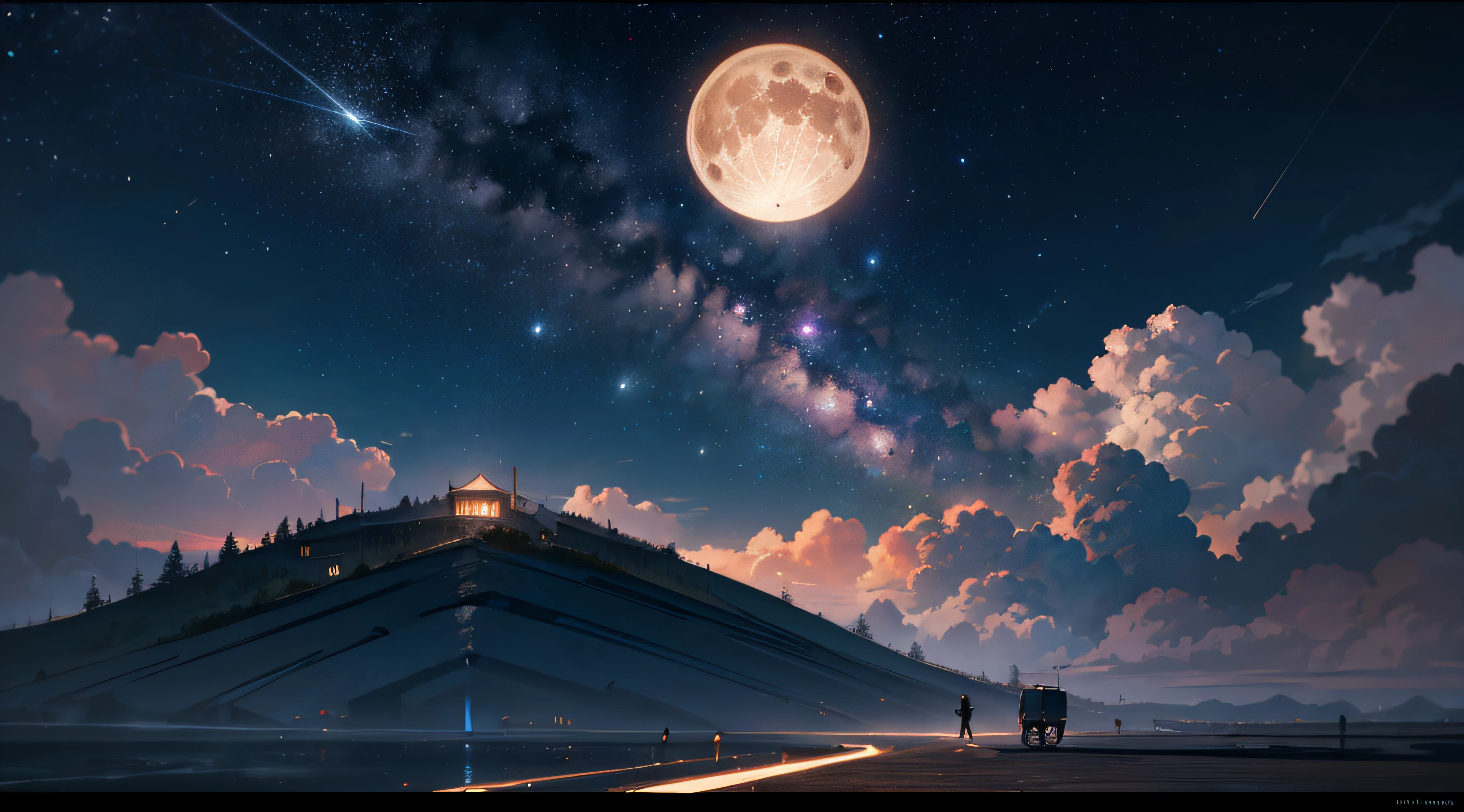 Expansive landscape photograph,(moon full:1.2),(meteors:0.9),(Starcloud:1.3),Far Mountain, Tree BREAK making art,(Warm light source:1.2),(glowworm:1.2),lamp lights,Lots of purple and orange,Complicated details,Volumetriclighting,Realism BREAK(tmasterpiece:1.2),(best qualtiy),4K,Ultra-detailed,(dynamic compositions:1.4),The is very detailed,Colorful details,(Irridescent color:1.2),(luminouslighting,Atmospheric lighting),dream magical,magical,(独奏:1.2),((best qualtiy)), ((tmasterpiece)), (the detail:1.4),depth of fields,maximum definition and sharpness,perfectly proportions,Fluttering clouds,Wallpapers