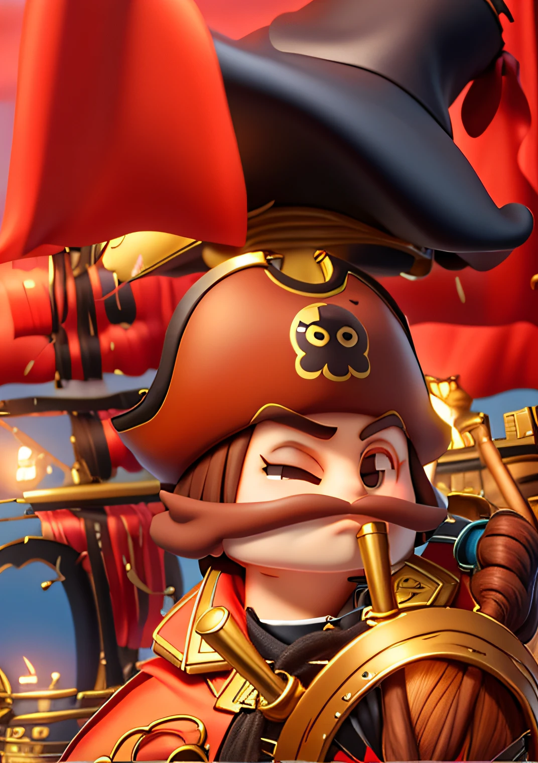 pirate ships,a pirate, Libido boy，Black hat，Pirate suit，brown  hair