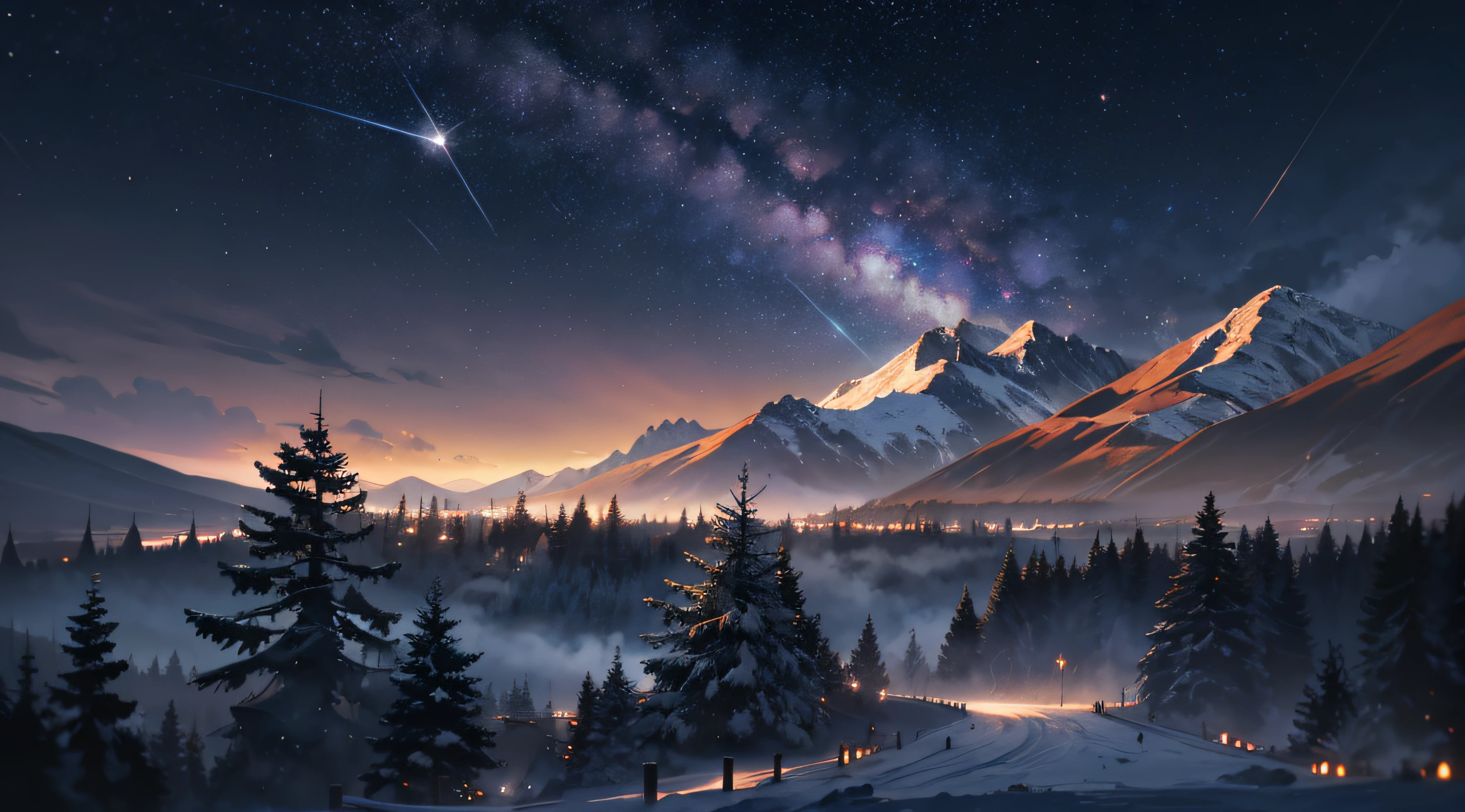 Expansive landscape photograph,(moon full:1.2),(meteors:0.9),(Starcloud:1.3),Far Mountain, Tree BREAK making art,(Warm light source:1.2),(glowworm:1.2),lamp lights,Lots of purple and orange,Complicated details,Volumetriclighting,Realism BREAK(tmasterpiece:1.2),(best qualtiy),4K,Ultra-detailed,(dynamic compositions:1.4),The is very detailed,Colorful details,(Irridescent color:1.2),(luminouslighting,Atmospheric lighting),dream magical,magical,(独奏:1.2),((best qualtiy)), ((tmasterpiece)), (the detail:1.4),depth of fields,maximum definition and sharpness,perfectly proportions,Fluttering clouds,Wallpapers