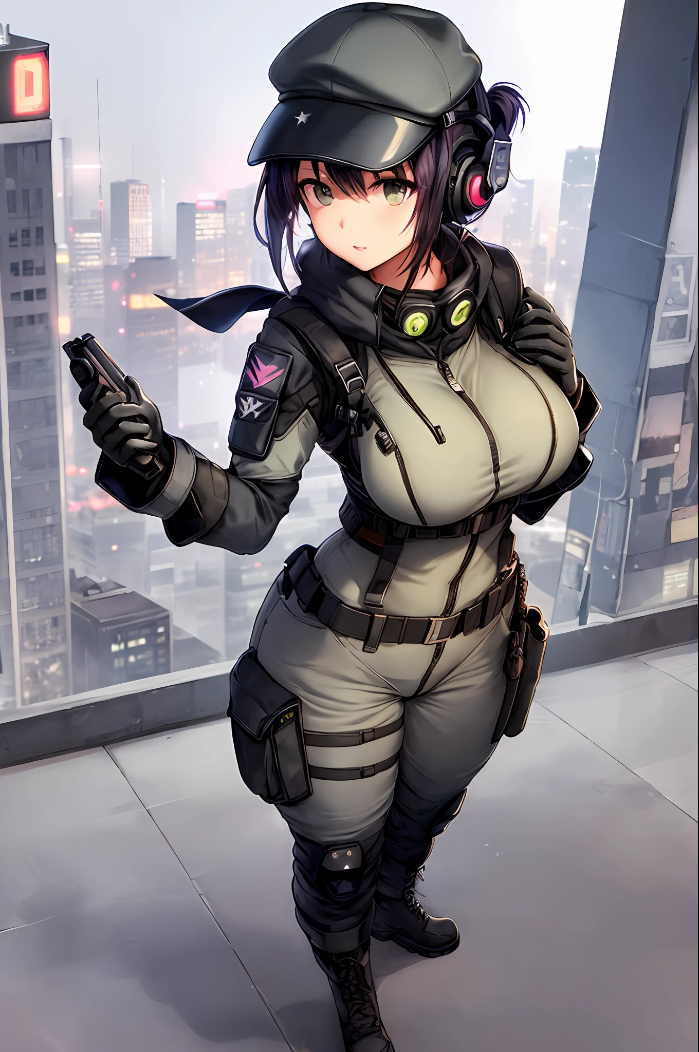 1girl, solo, zip up, baggy pants, chest rig, holster, ammo pouch, neck gaiter, large scarf, patrol cap, headset, microphone, wide hips, breasts, straps, belt, city, dystopia, cyberpunk, ghost in the shell, neon lights, night, stars, moon, rooftop, boob slash, mature woman, full body shot, combat boots boots, curvy, tight fitting clothes, breast pockets, shoulder pads, thigh pads, kneepads, bloused boots, military uniform, headset microphone, detailed background, , helipad, ripped tailcoat,