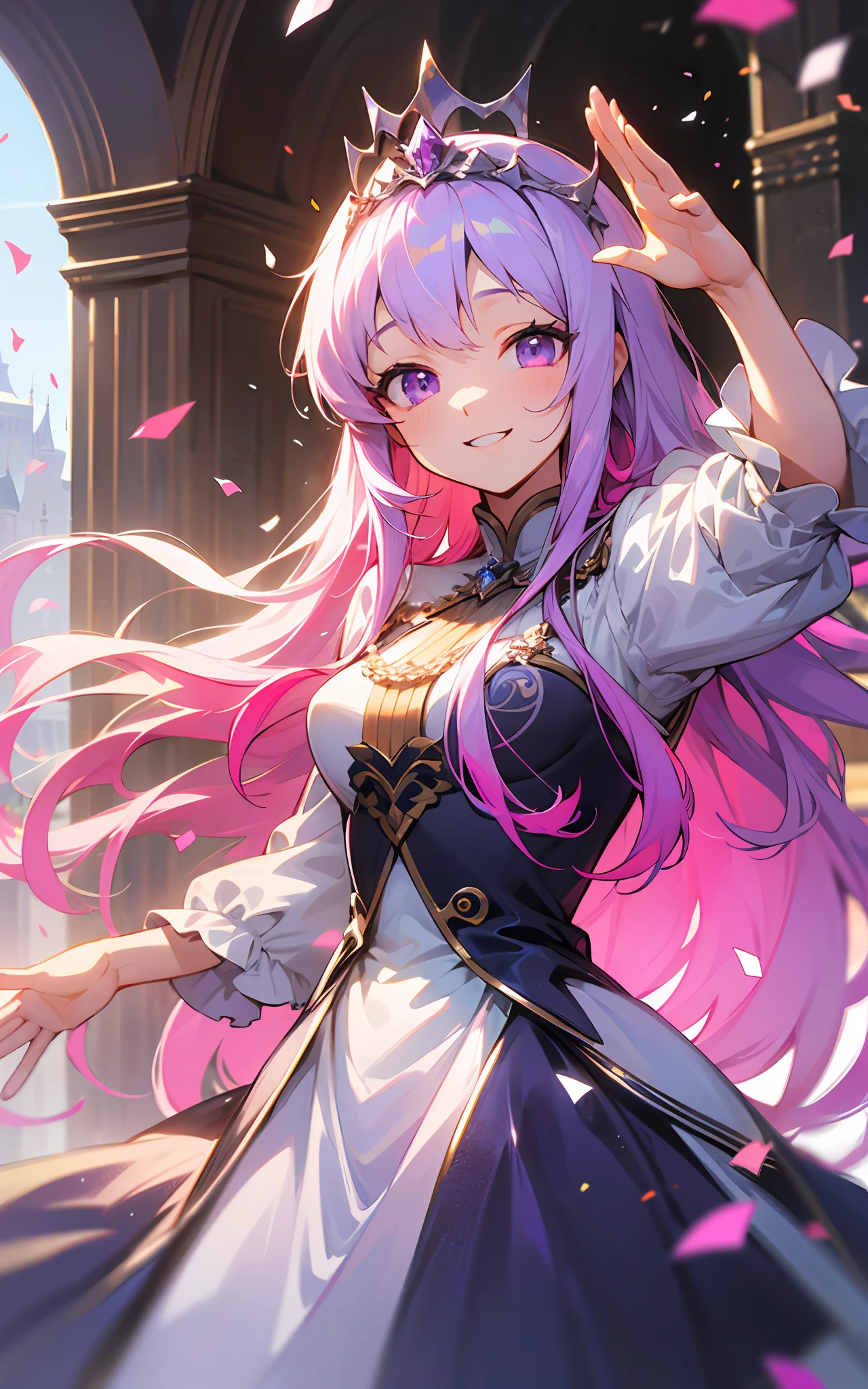 top-quality、hight resolution、detaileds、Long pink hair、Purple eyes、Castle Square、Silver tiara、White princess dress、Shining sunshine、(The whole body is shown)、A smile、(a person々Well-intentioned)、Confetti flutters、Waving hands、