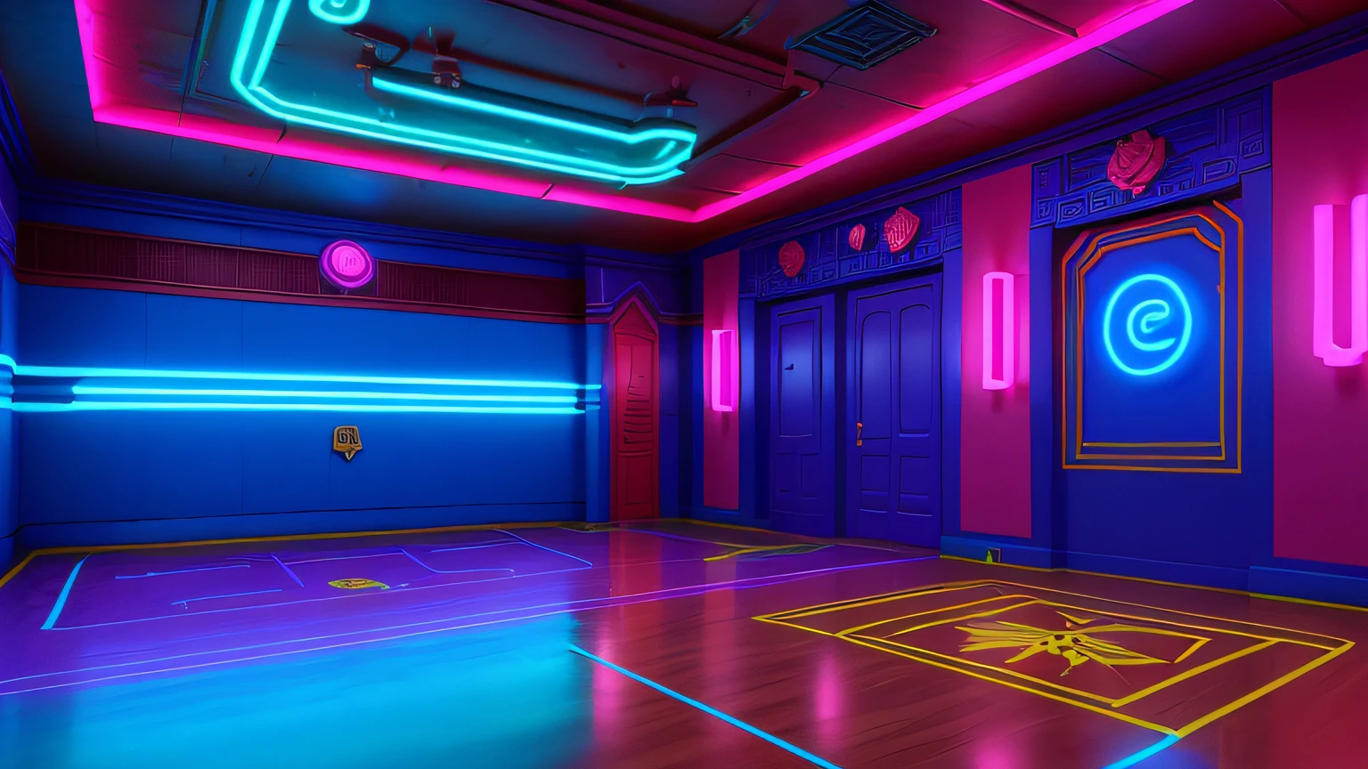 obra-prima, fotografia de uma ( sala de jogos jogos escura com luzes neon azul)), Unreal Engine 5 ambiente, Art Deco, cg sociedade, por James McDonald,, 8K分辨率, detalhado, foco,