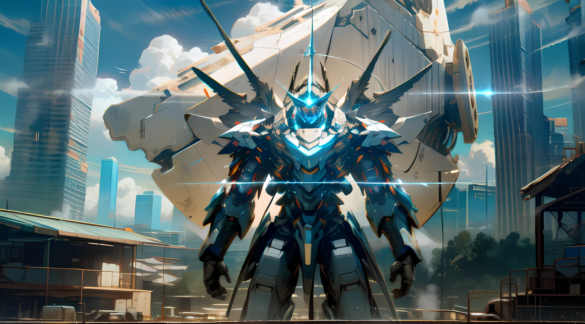 super high resolution, best quality, photo, 16k, (photorealistic: 1.2), cinematic lighting, 1 guardian robot in combat stands to defend the Ho Chi Minh city from evasion of alien spaceships from the sky, modern sci-fi city, robot inspired of Archangel Michael, shiny armor, epic giant sword and shield, day time, light cloud sky, extreme details, best quality, 8k, landscape captured by fish-eye lens with extreme long shot. Pay meticulous attention to stunning details and achieve a resolution of 64K for an immersive and futuristic visual experience. Let your work capture the essence of technology and wonder, leaving viewers in awe of its mechanic and power.