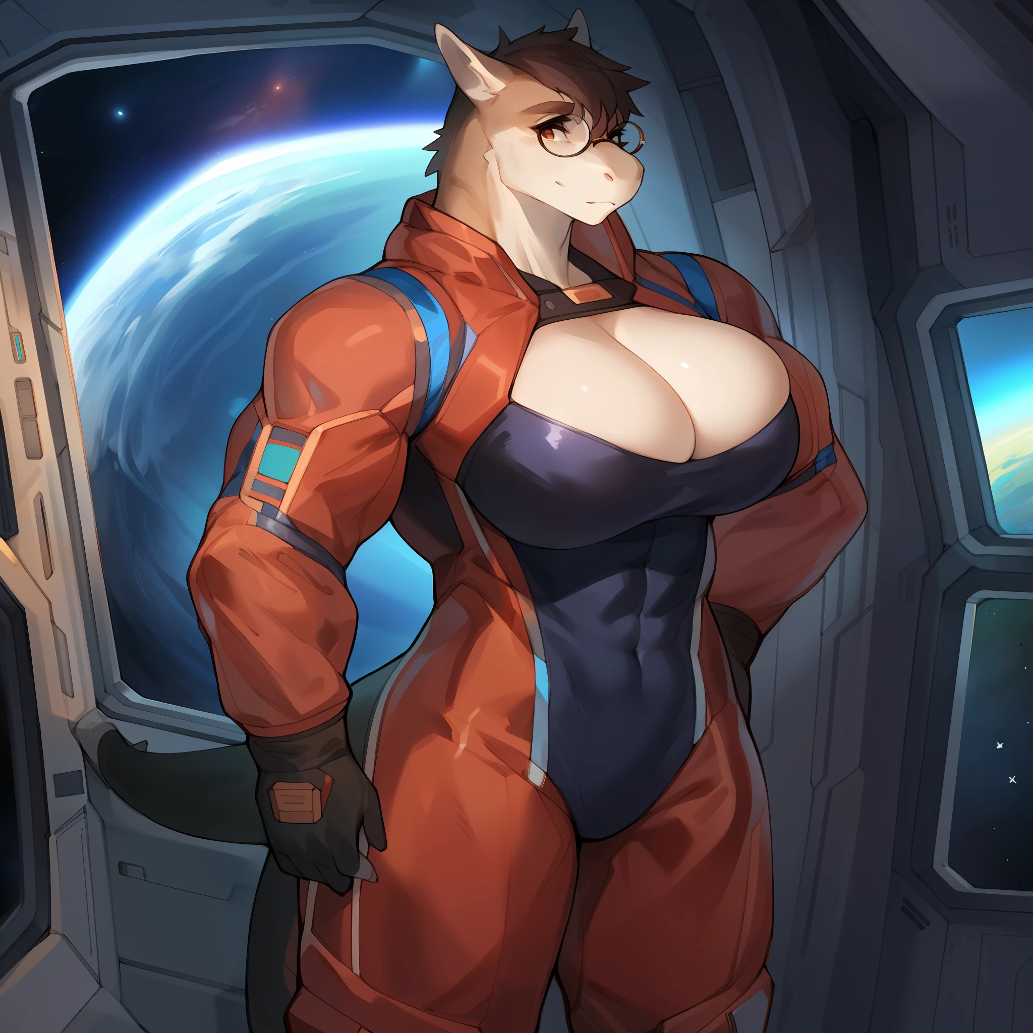 Solo, female, standing, medium hair, glasses, big breasts, muscular, red military spacesuit, komodo dragon, space, spaceship, window, by bebebebebe, by spuydjeks, (((muscular))), big, giant, tall, massive, enormous, biceps