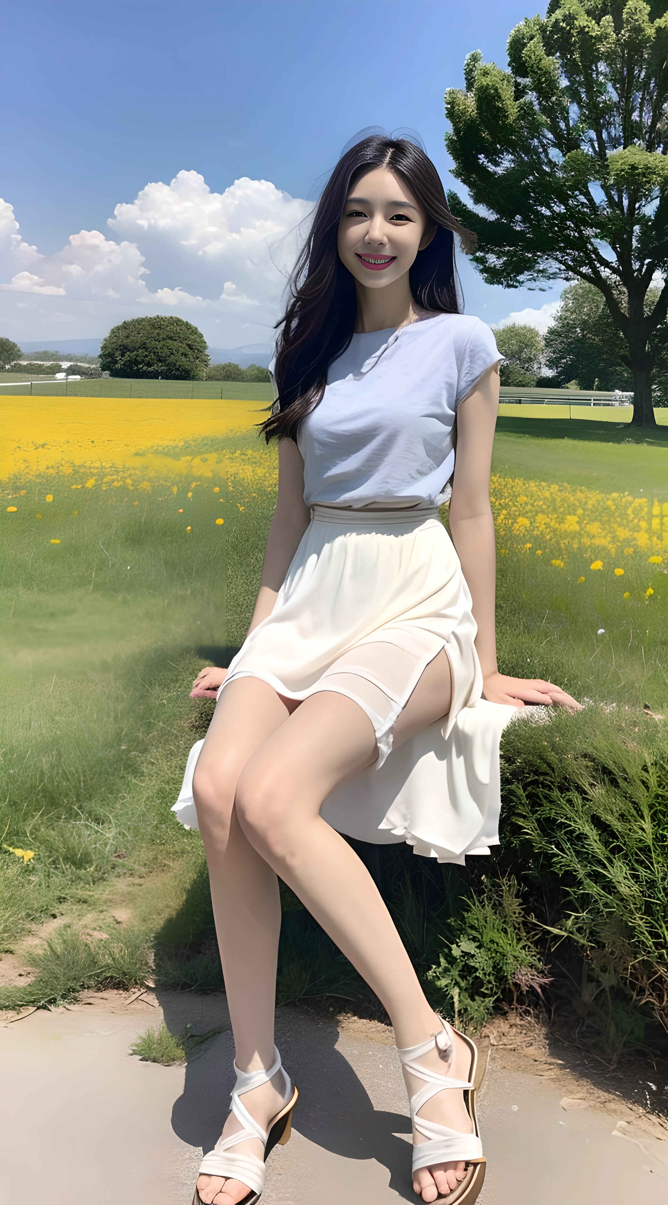 a young, Beautiful cute girl，Full body photo，Extremely beautiful and delicate，Black color hair，A sweet smile，Delicate and beautiful fair skin，Realistic and realistic，exquisite and complete facial features，Detailed depiction of the face，tall nose bridge，Smooth hair，extremely detail hair，Feminine temperament，Fill your face light，Tall and tall，Thin，Realiy，Hyper-realism，sandals，full body shot shot，Forward tilt angle,Extreme picture quality,Highest precision,Precise and perfect human anatomy。with blue sky and white clouds，Sitting on the Steppe，with blue sky and white clouds，rays of sunshine，Cows, sheeps, (White chiffon skirt)Panties are clearly visible. （telephoto shot，）Express the landscape，Highlight portrait。Delicate fingers