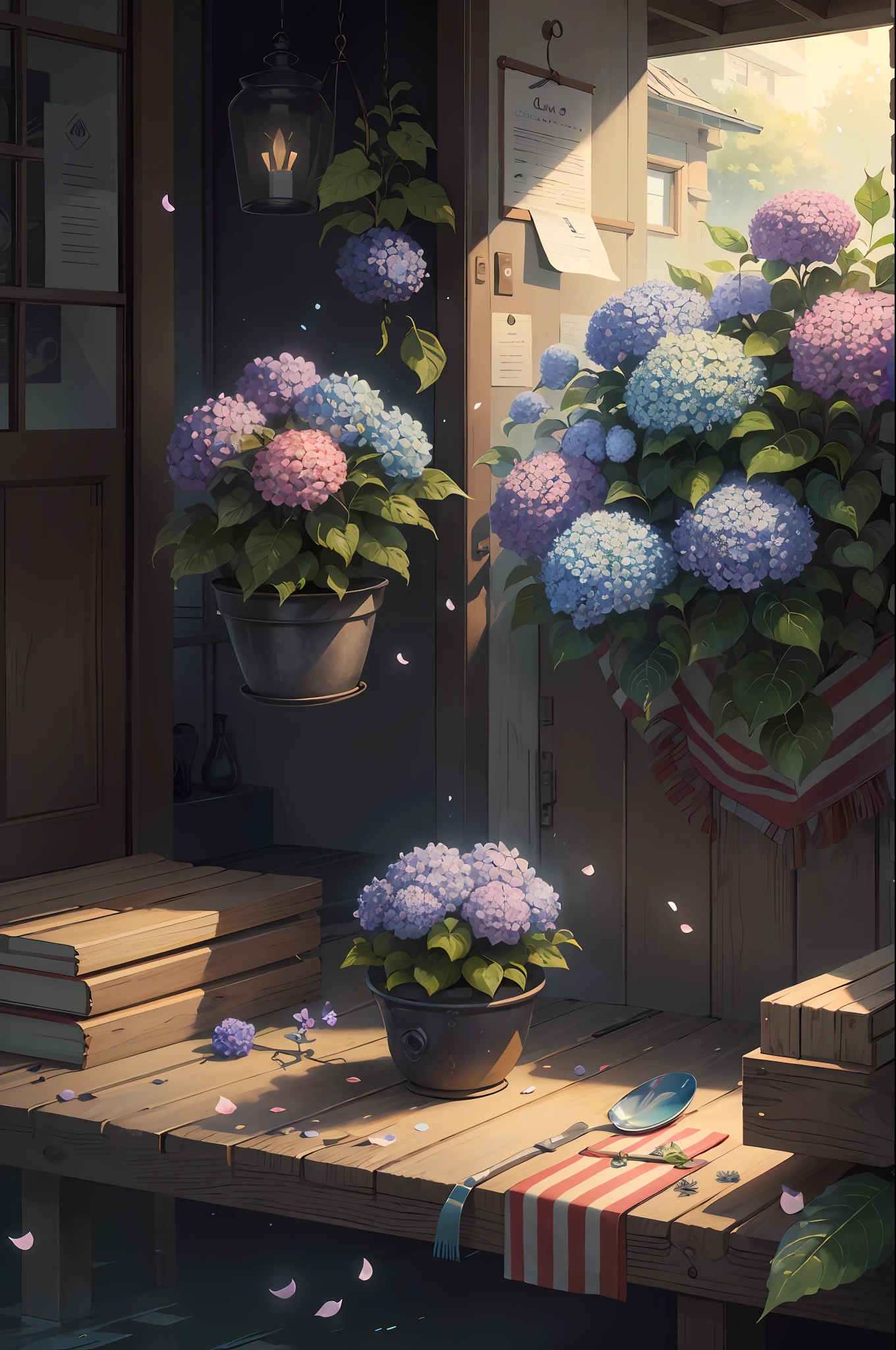 Original,(illustratio:1.1),(best qualtiy),(tmasterpiece:1.1),(the Extremely Detailed CG Unity 8K Wallpapers),(a color:1.2),Hydrangea bushes,Hydrangea petals,scenecy,rios|Wagas,