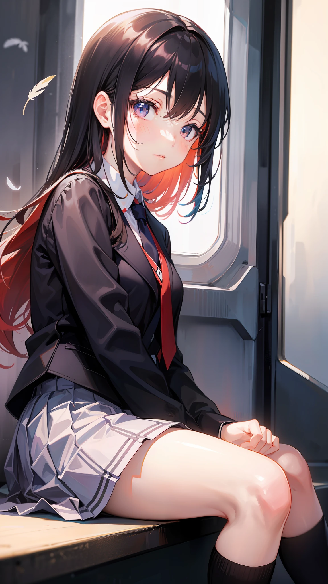touko, 1girl in, Solo, Skirt, Looking Up, School uniform, Sitting, knee high, From Side, Feathers, neck tie, Black socks,Egg