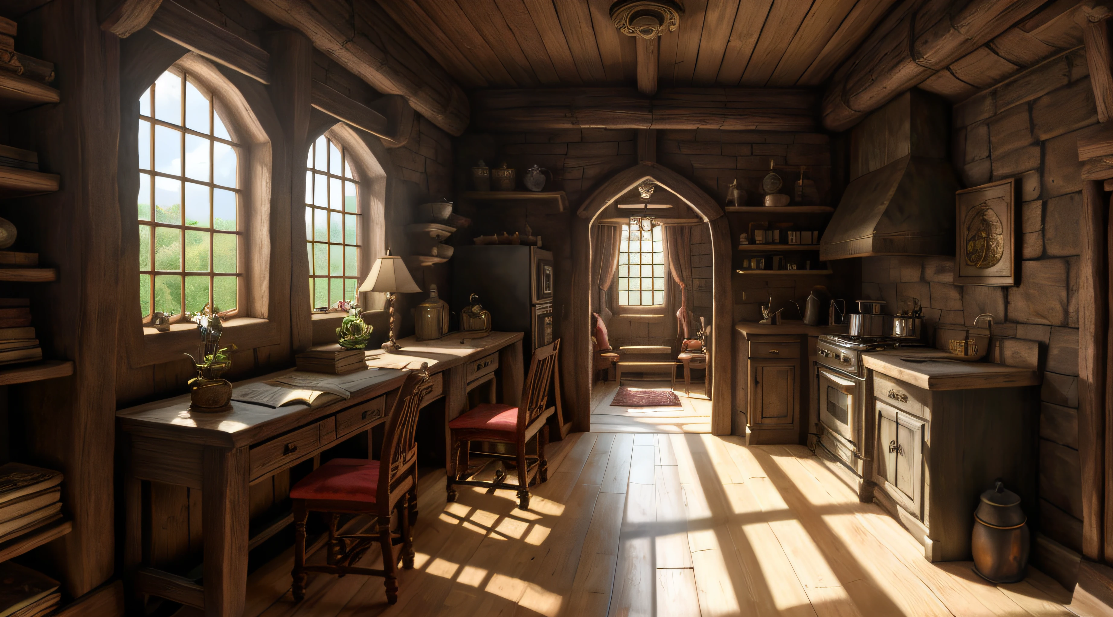 zrpgstyle,Interior of a medieval fantasy wooden house,Colorful tapestries on the walls Game of Thrones Hogwarts' bright morning sunlight shining through the windows Cluttered home, (tmasterpiece:1.2) (best qualtiy) (A detailed) (复杂) (8k) (k hd) (the wallpaper) (cinmatic lighting) (sharp-focus)
