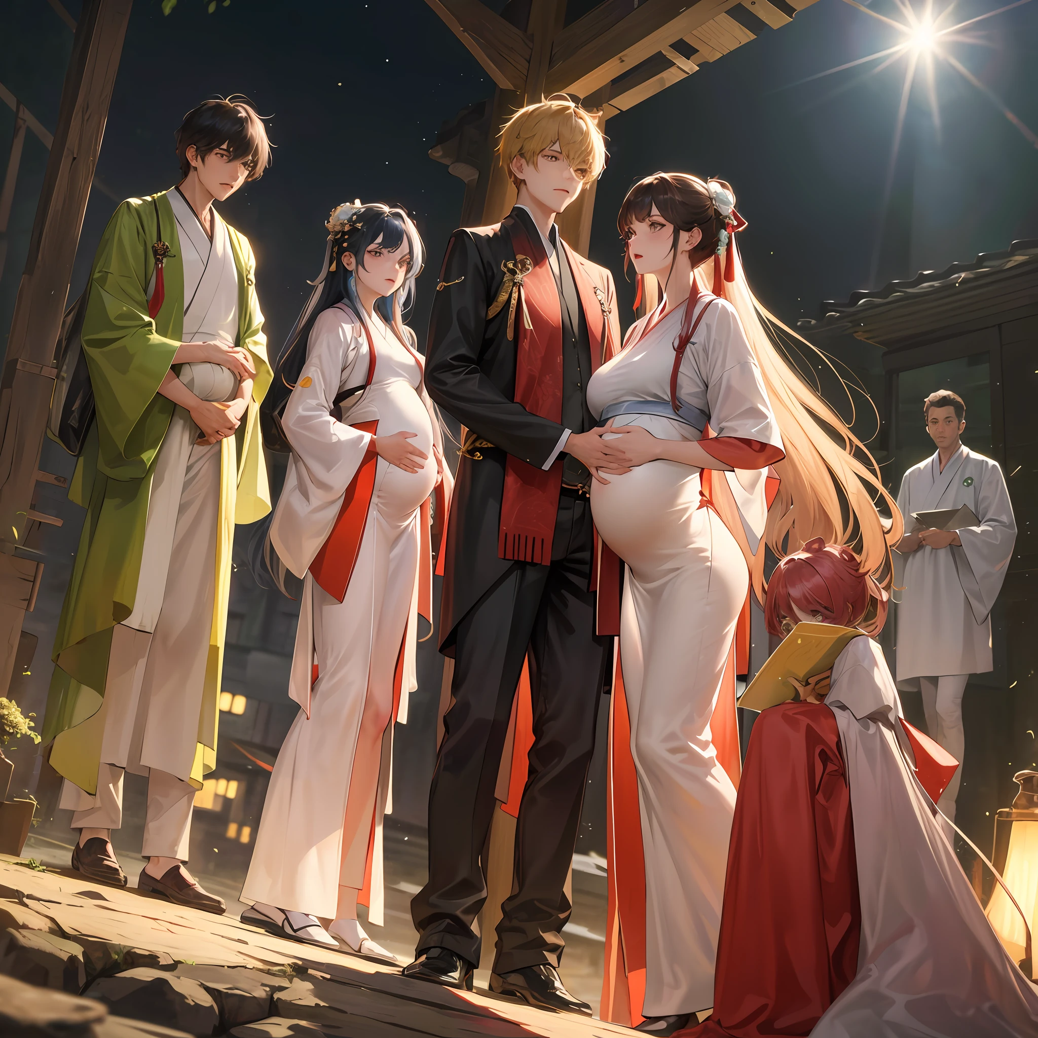 tmasterpiece,best qualtiy,Two men and two women, One of the women became pregnant,Four people stared at the pregnant woman's stomach with side lights,lens flare glow,Ray traching,Sharp focus,Wearing Hanfu,